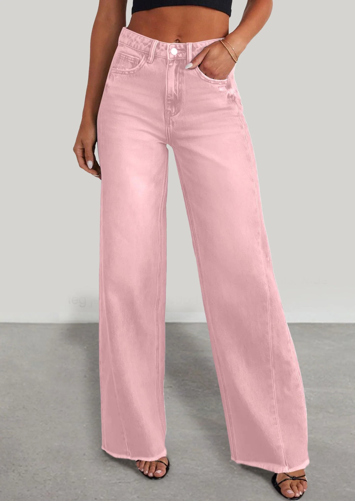 Wide Leg Jeans for Women Trendy High Waisted Stretchy Baggy Raw Hem Denim Palazzo Pants with Pockets