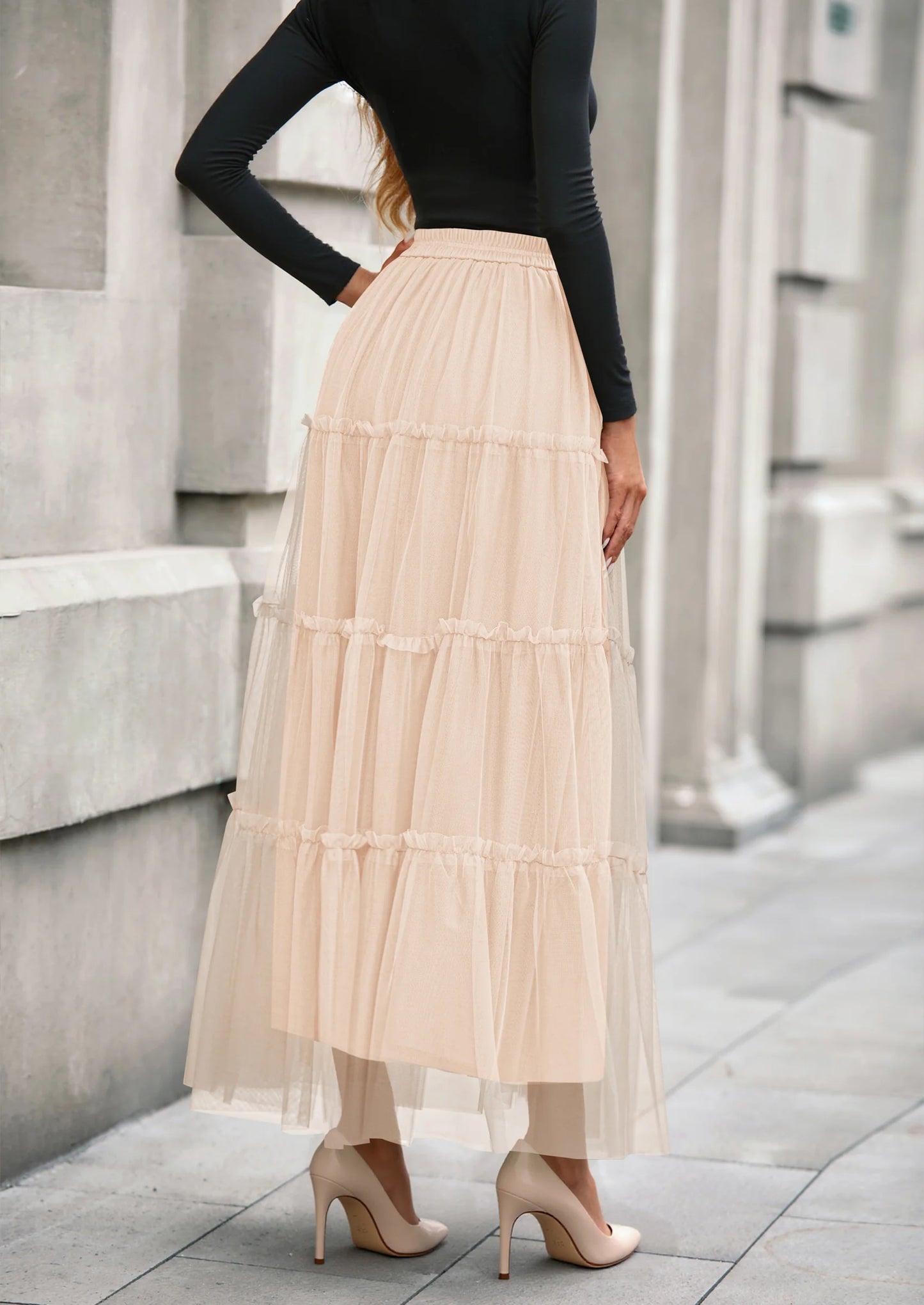 Maxi Skirts for Women Fall Tulle High Waisted Ruffle Flowy A-Line Long Skirt Country Concert Outfits