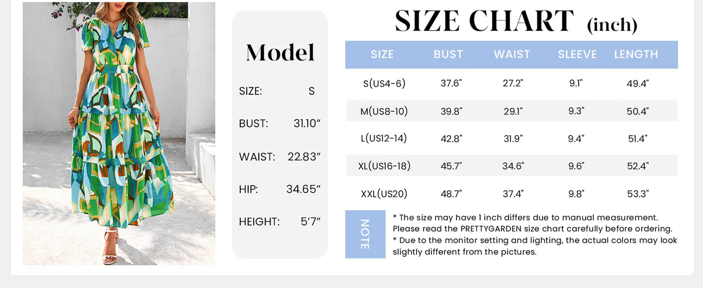 Women's Boho Maxi Dresses Floral Short Sleeve V Neck A Line Tiered Flowy Long Beach Vacation Dress