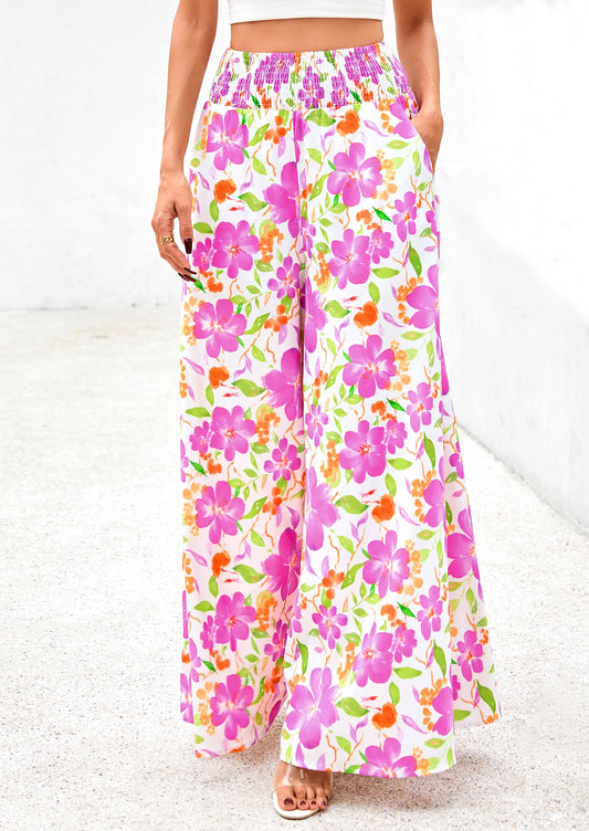 Casual Elastic High Waisted Pockets Boho Beach Wide Leg Palazzo Pants