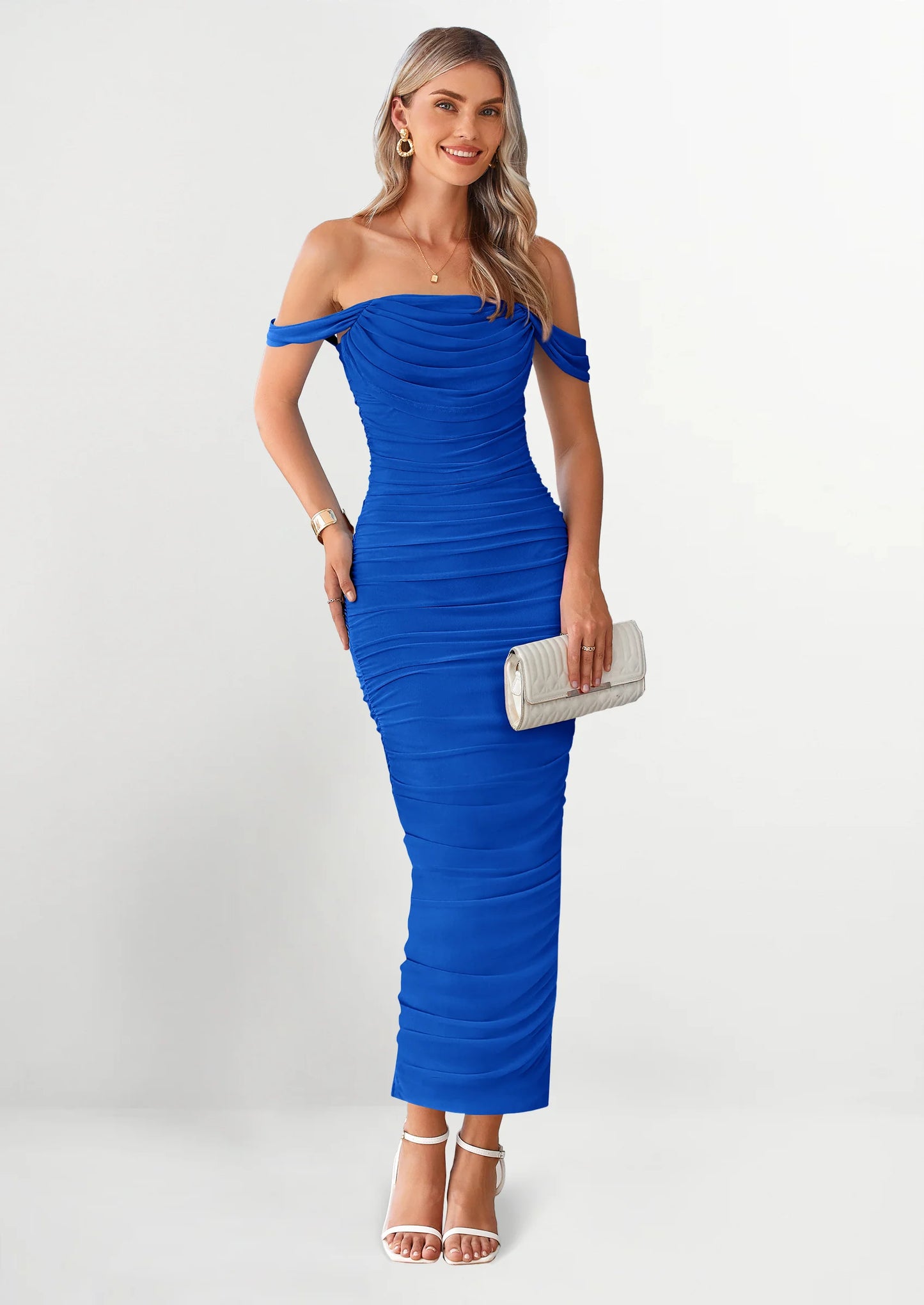 Womens Off The Shoulder Dress Ruched Bodycon Sleeveless Split Cocktail Party Maxi Dresses