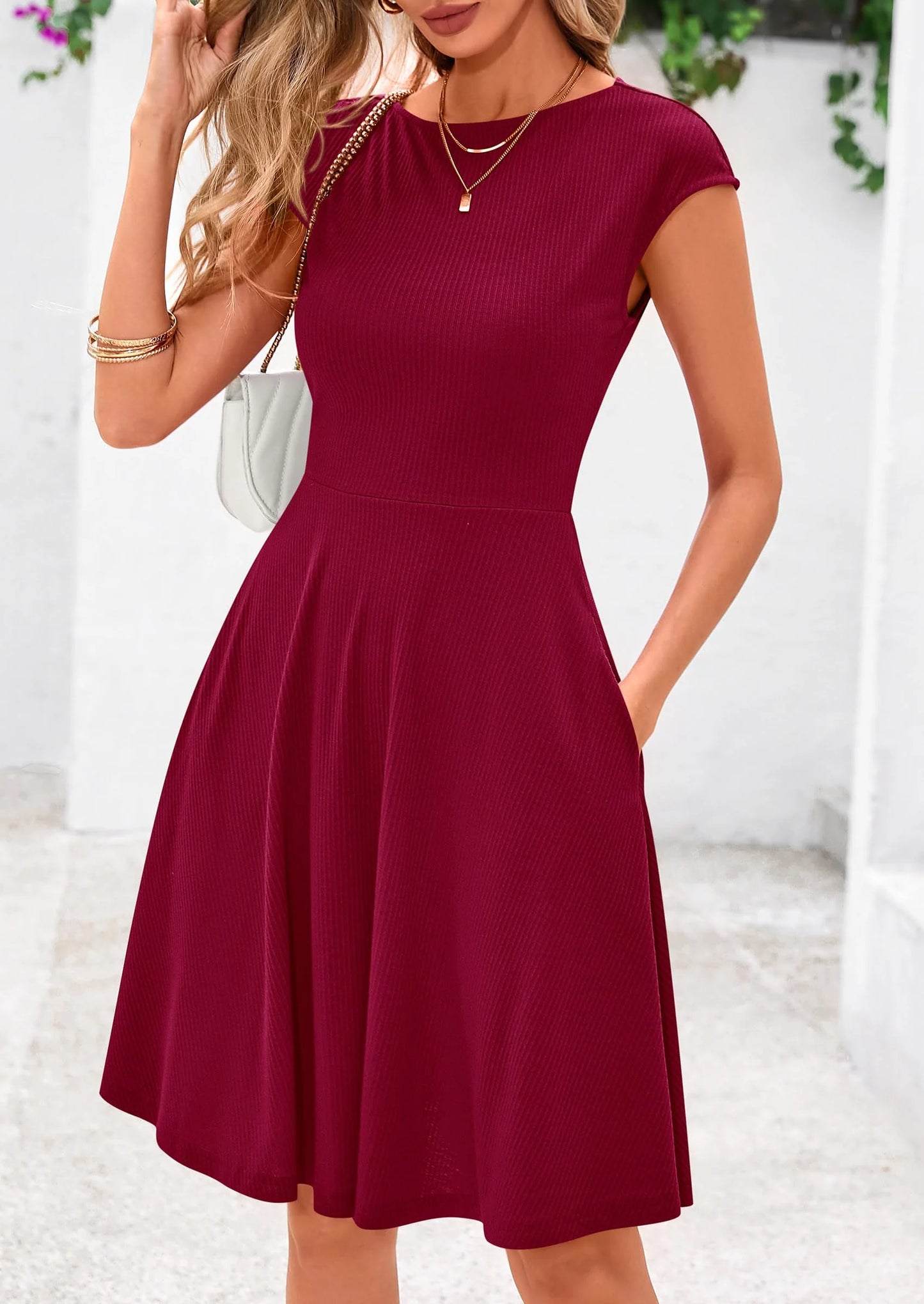 Womens Short Summer Dress Crewneck Cap Sleeve Ribbed Knit Casual Flowy A Line Mini Sundresses with Pockets