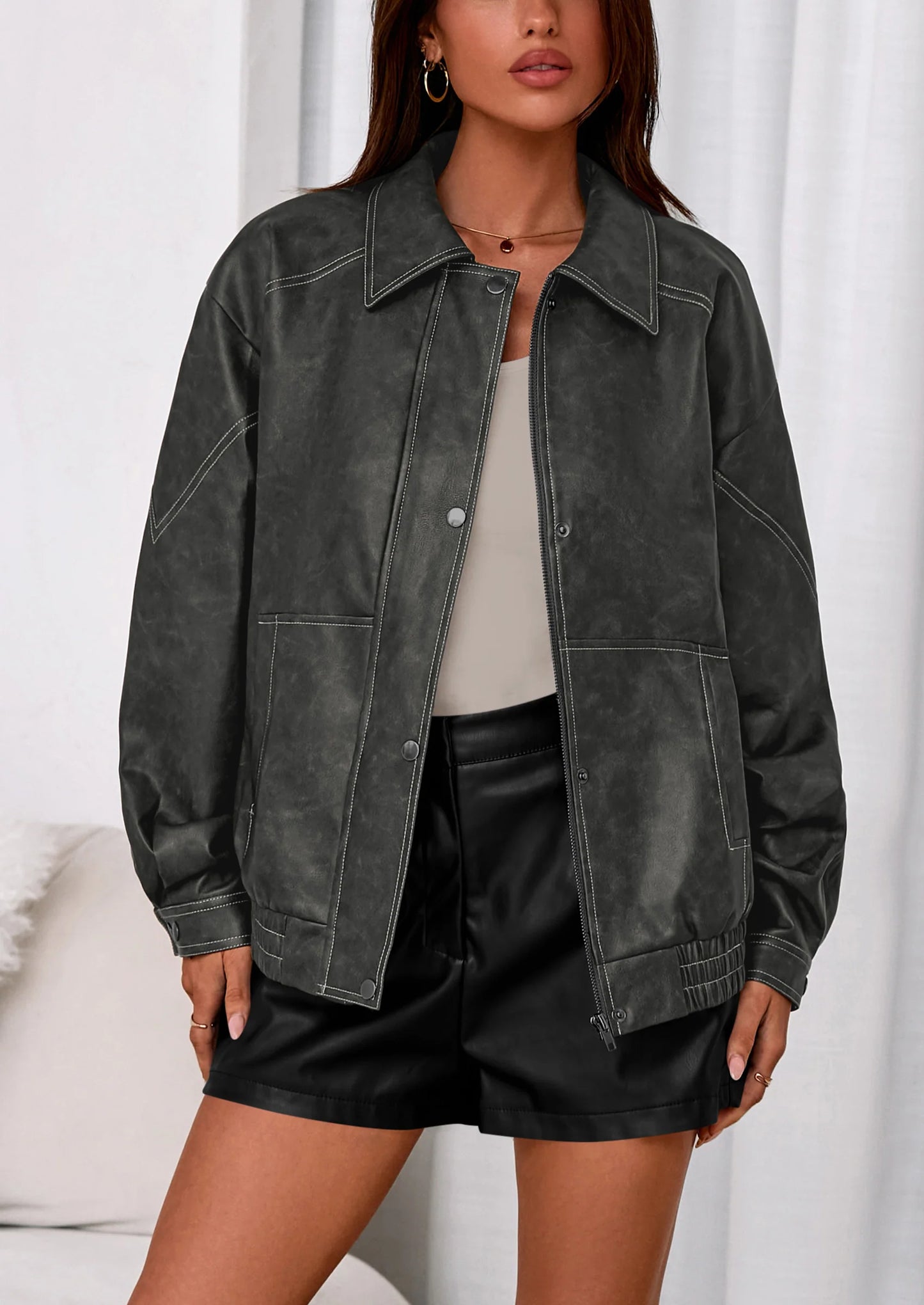 Faux Leather Jacket Women Bomber Motorcycle Zip Up Jackets Oversized Fall Fashion Outfits Winter Coats