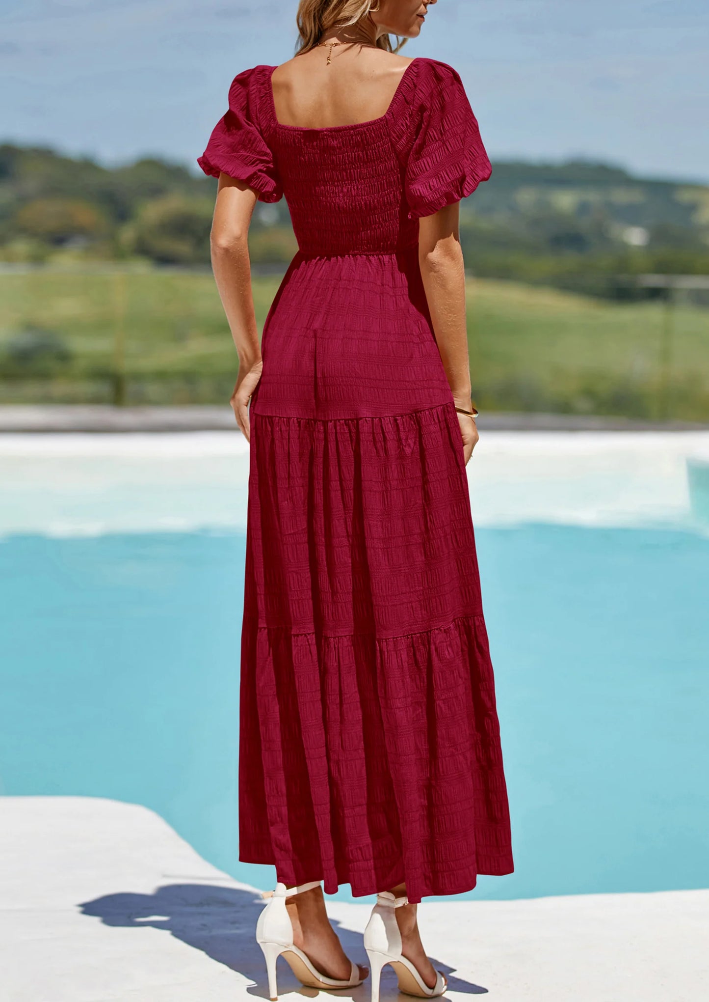 Womens Summer Puff Short Sleeve Maxi Dress Square Neck Smocked Tiered Ruffle A Line Long Flowy Beach Dresses