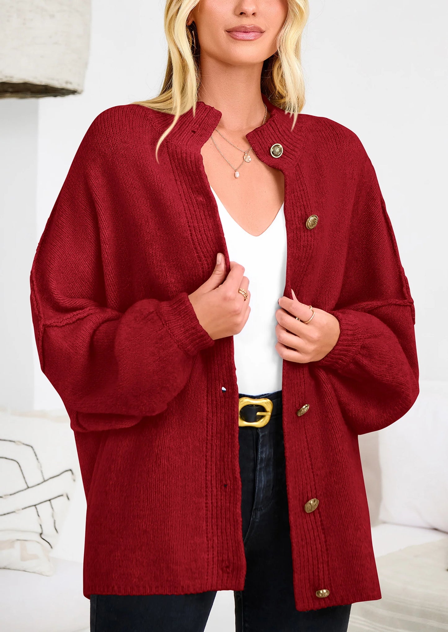 Women's Winter Button Down Cardigan Sweaters Mock Neck Lantern Long Sleeve Chunky Knit Jacket Trendy Outerwear