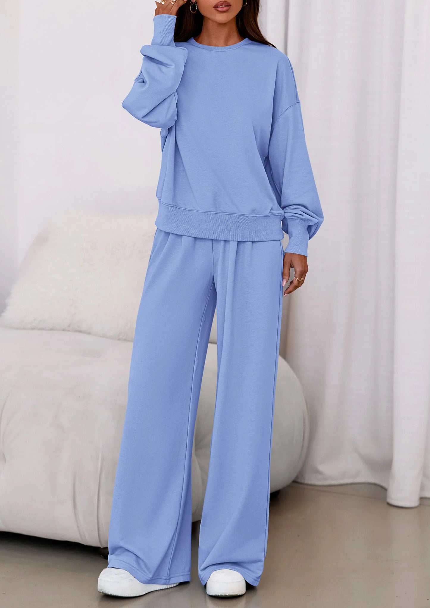 Womens 2 Piece Sets Long Sleeve Sweatshirt Wide Leg Pants Loose Matching Lounge Set Trendy Fall Outfits