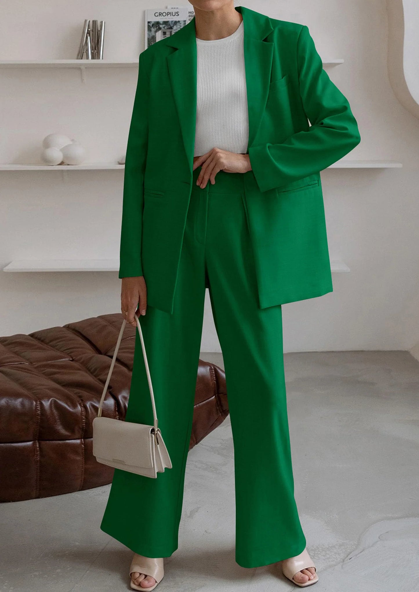 Women's Fall Two Piece Outfits Dressy Blazer Jacket and Wide Leg Pants Pockets Business Casual Office Suit Sets