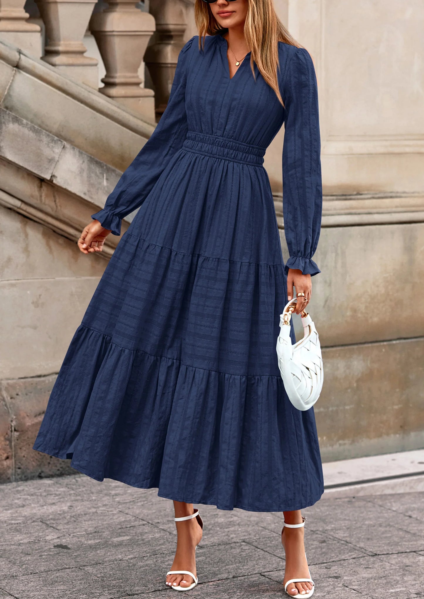 Women's Fall Wedding Guest Dresses Long Sleeve V Neck Flowy Elegant Holiday Party Maxi Dress with Pockets