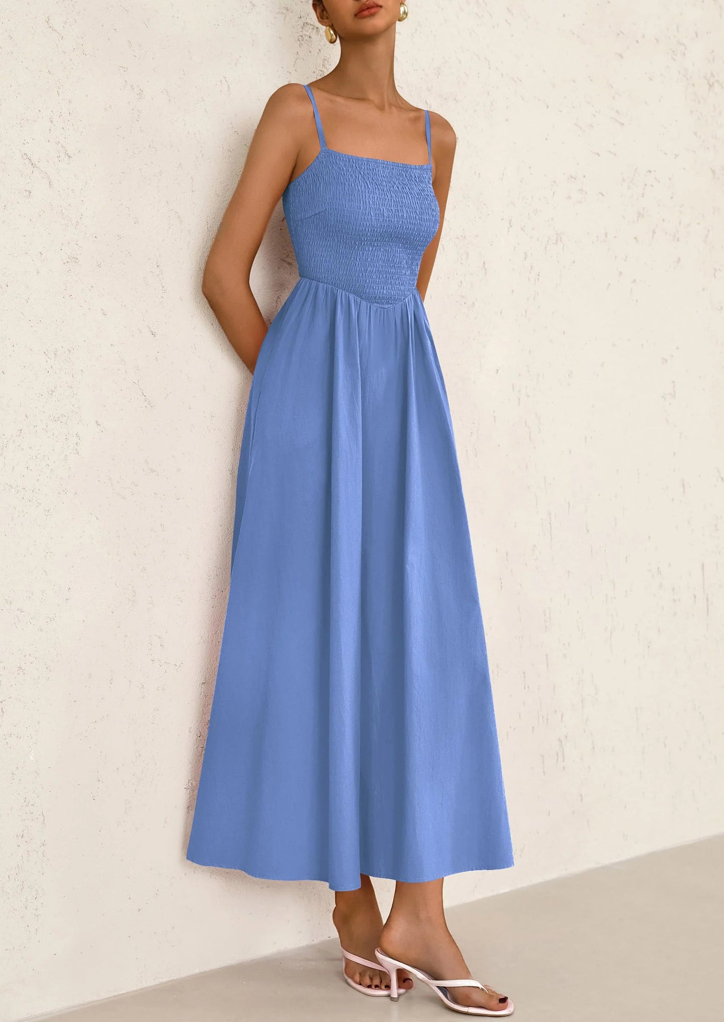 Women's Smocked Maxi Dresses Beach Sundress Casual Spaghetti Strap Swing A Line Long Flowy Dress