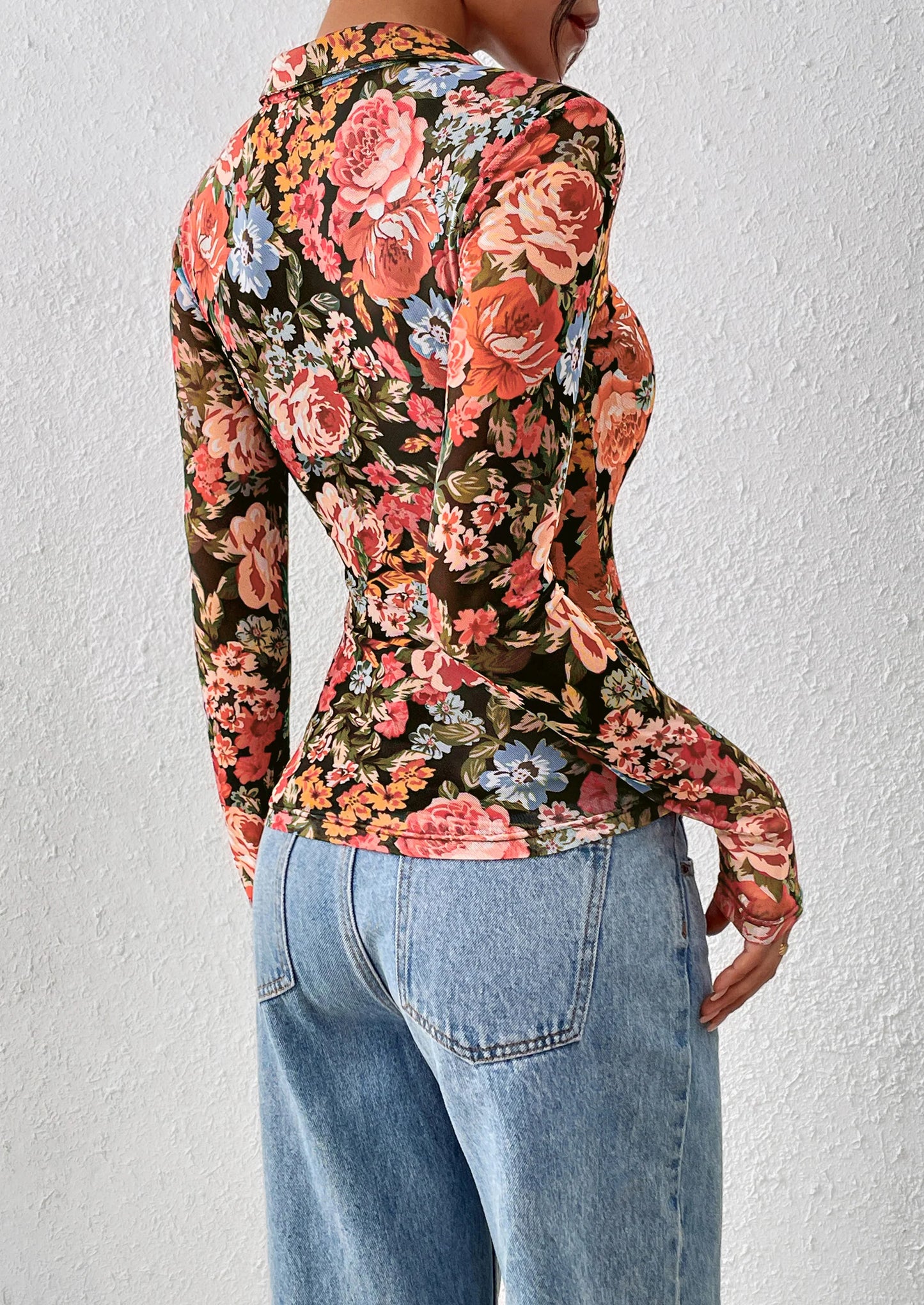 Women Button Down Floral Shirts Fall Trendy Long Sleeve V Neck Ruched Fitted Mesh Blouse Tops Date Outfits