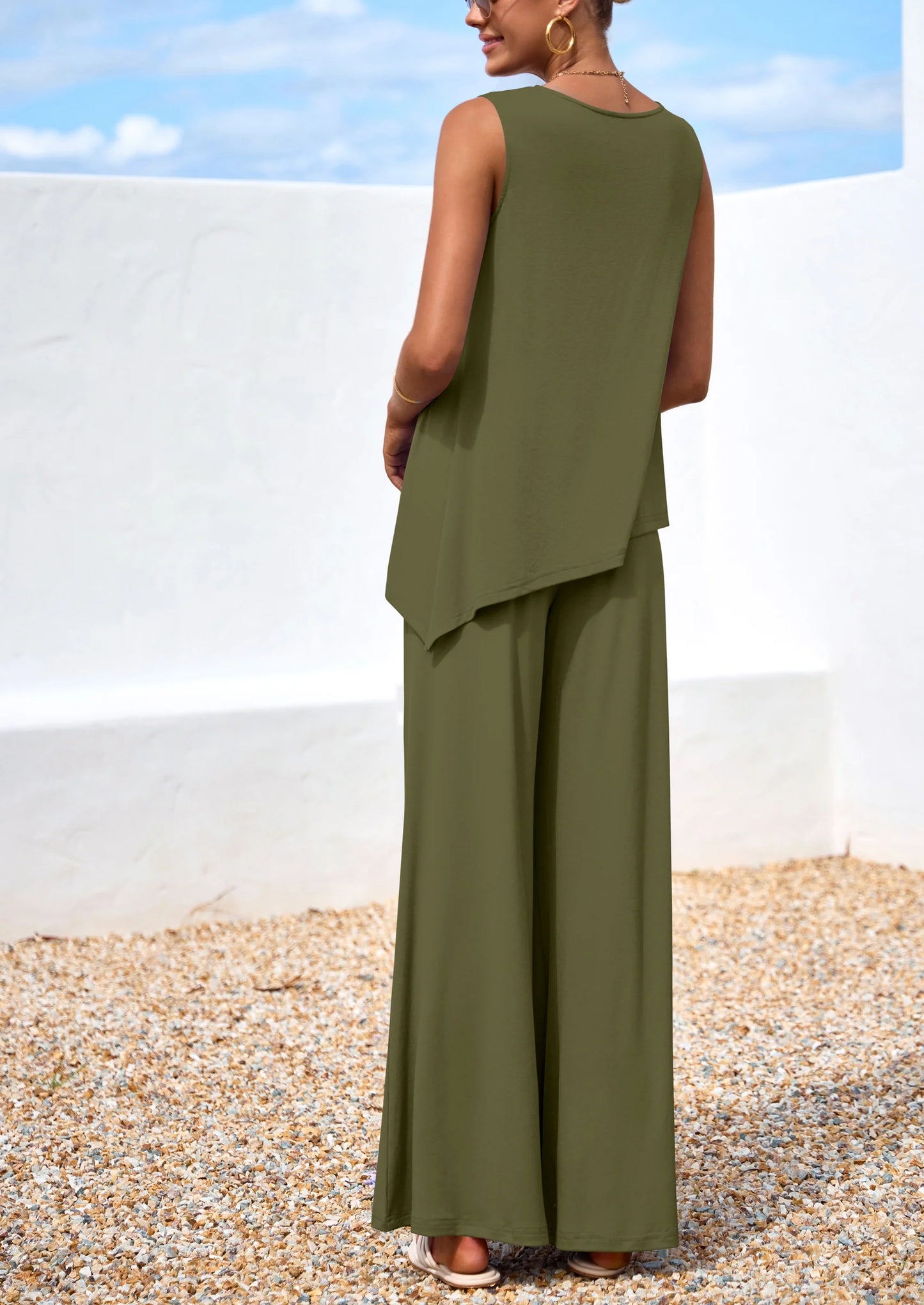 Women's Two Piece Matching Lounge Sets Asymmetrical Split Tank Tops Wide Leg Pants Summer Outfits Tracksuit