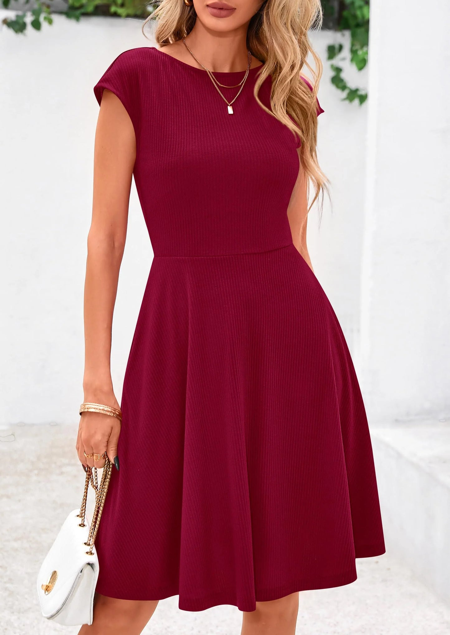 Womens Short Summer Dress Crewneck Cap Sleeve Ribbed Knit Casual Flowy A Line Mini Sundresses with Pockets