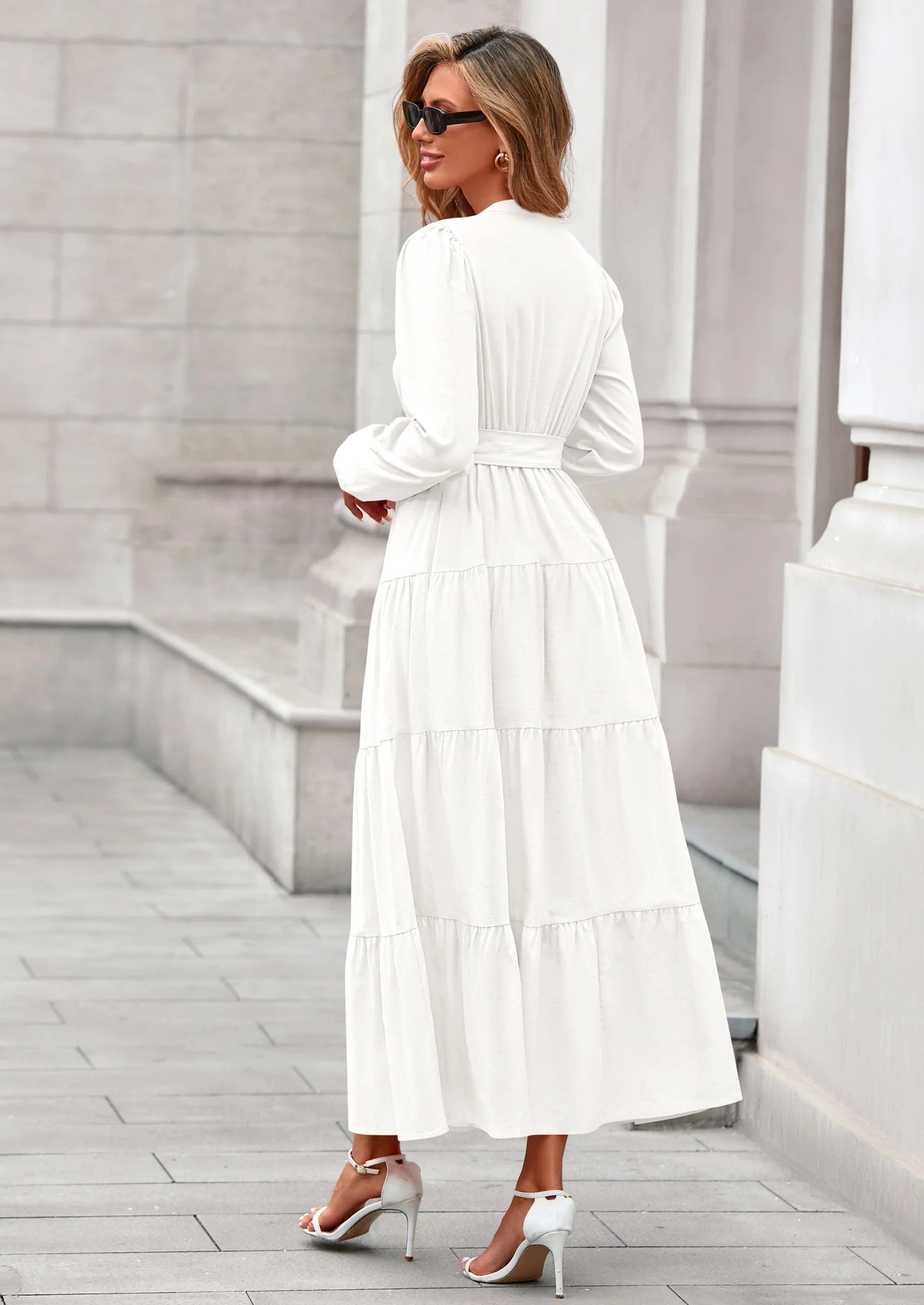 Fall Dresses for Women Long Sleeve V Neck Belted Ruffle A Line Flowy Boho Maxi Wedding Guest Dress Pockets