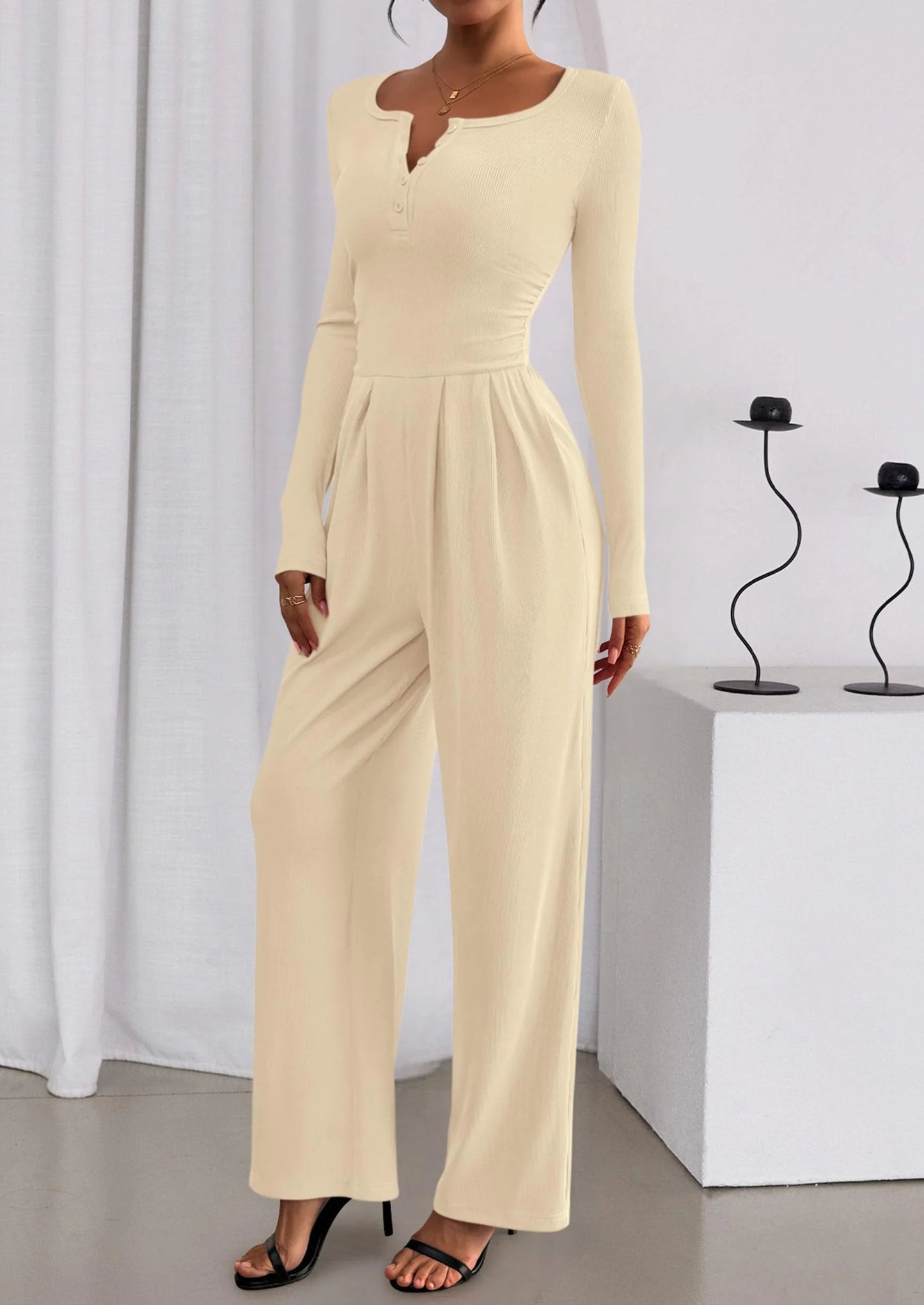 Jumpsuits for Women Dressy Casual Fall One Piece Outfits Long Sleeve Crew Neck Wide Leg Pants Rompers