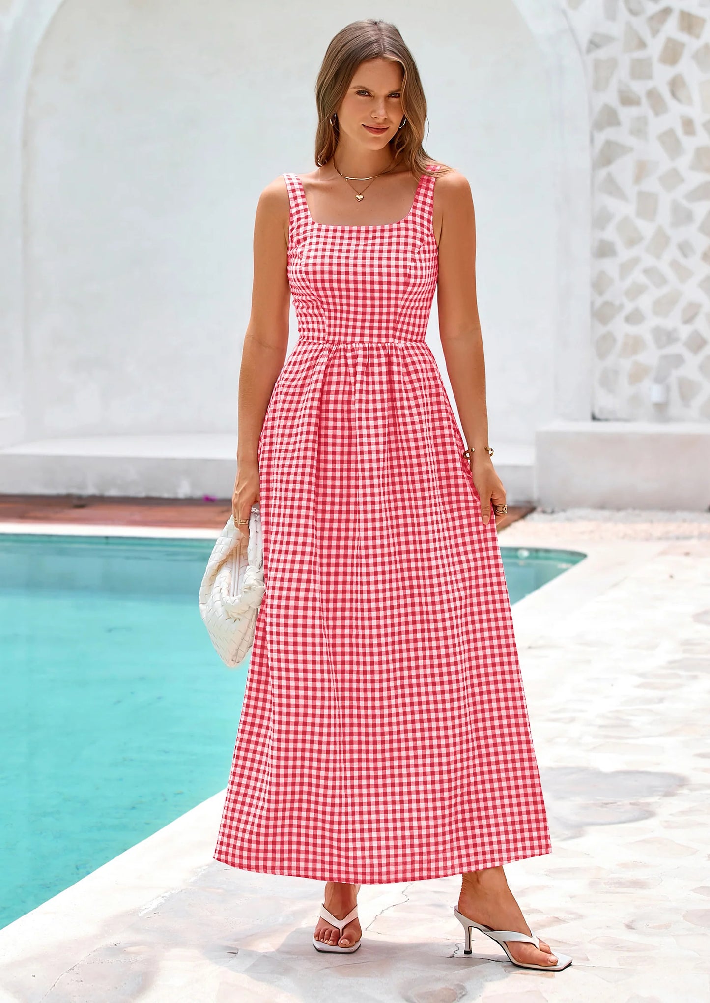 Women's Summer Spaghetti Strap Maxi Dresses Plaid Square Neck A Line Casual Beach Vacation Long Sundress
