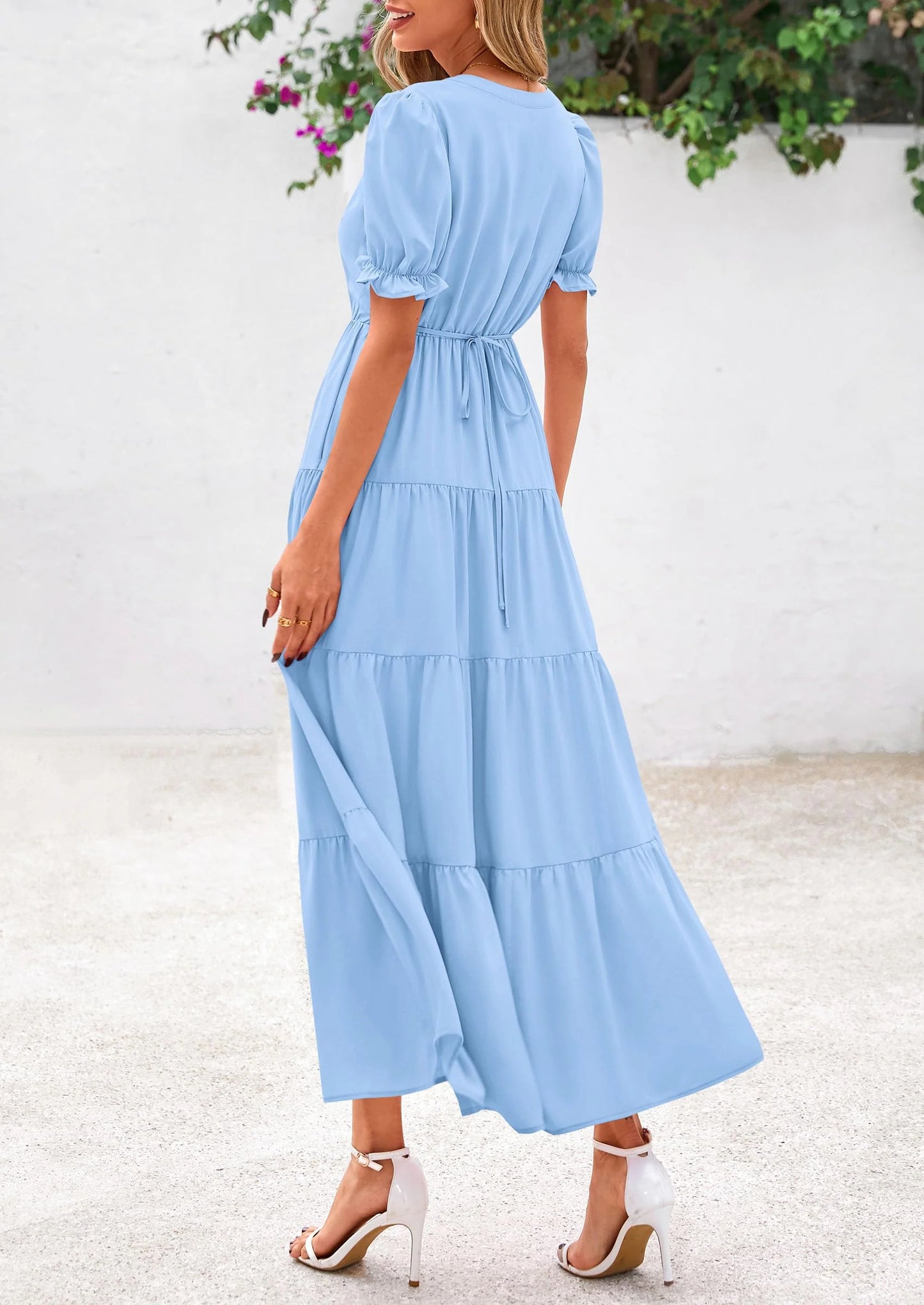 Women's Casual Short Sleeve V Neck Midi Dresses Spring A-line Tiered Wedding Guest Dress