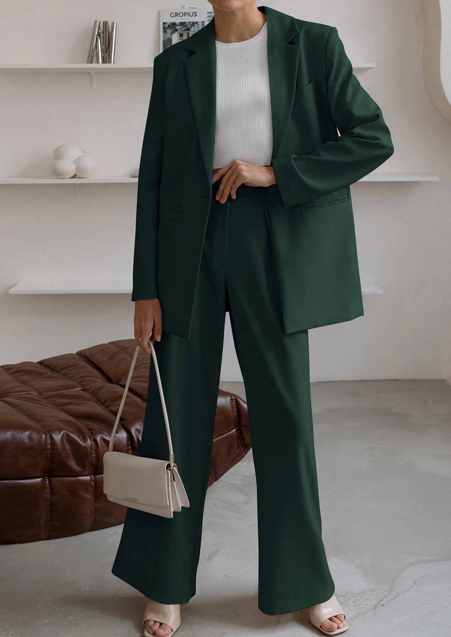 Women's Fall Two Piece Outfits Dressy Blazer Jacket and Wide Leg Pants Pockets Business Casual Office Suit Sets