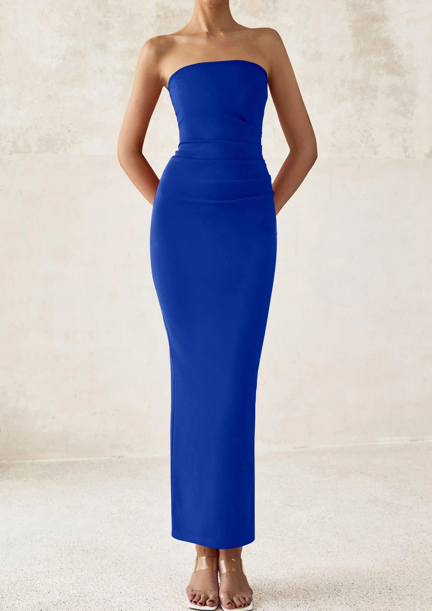 Women's Semi Formal Cocktail Dresses Strapless Tube Bodycon Ruched Evening Wedding Guest Maxi Dress