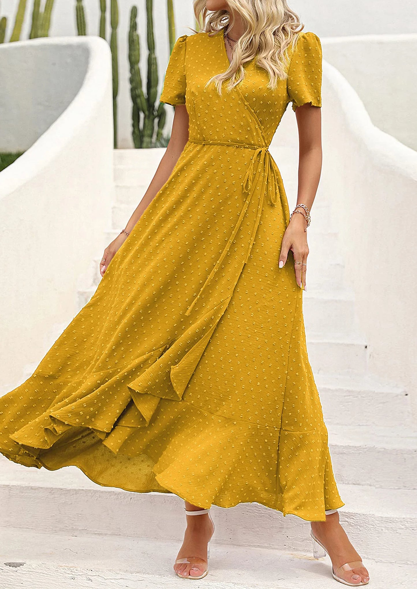 Women's Summer Maxi Dress Casual Wrap Floral Boho Short Sleeve V Neck Split Ruffle Beach Long Dresses
