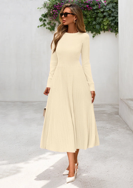 Women's Long Sleeve Midi Sweater Dress Fall Crewneck Knit A Line Pleated Wedding Guest Winter Dresses