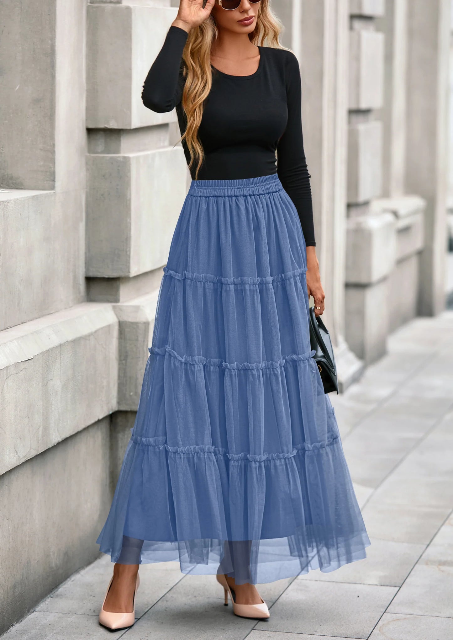 Maxi Skirts for Women Fall Tulle High Waisted Ruffle Flowy A-Line Long Skirt Country Concert Outfits