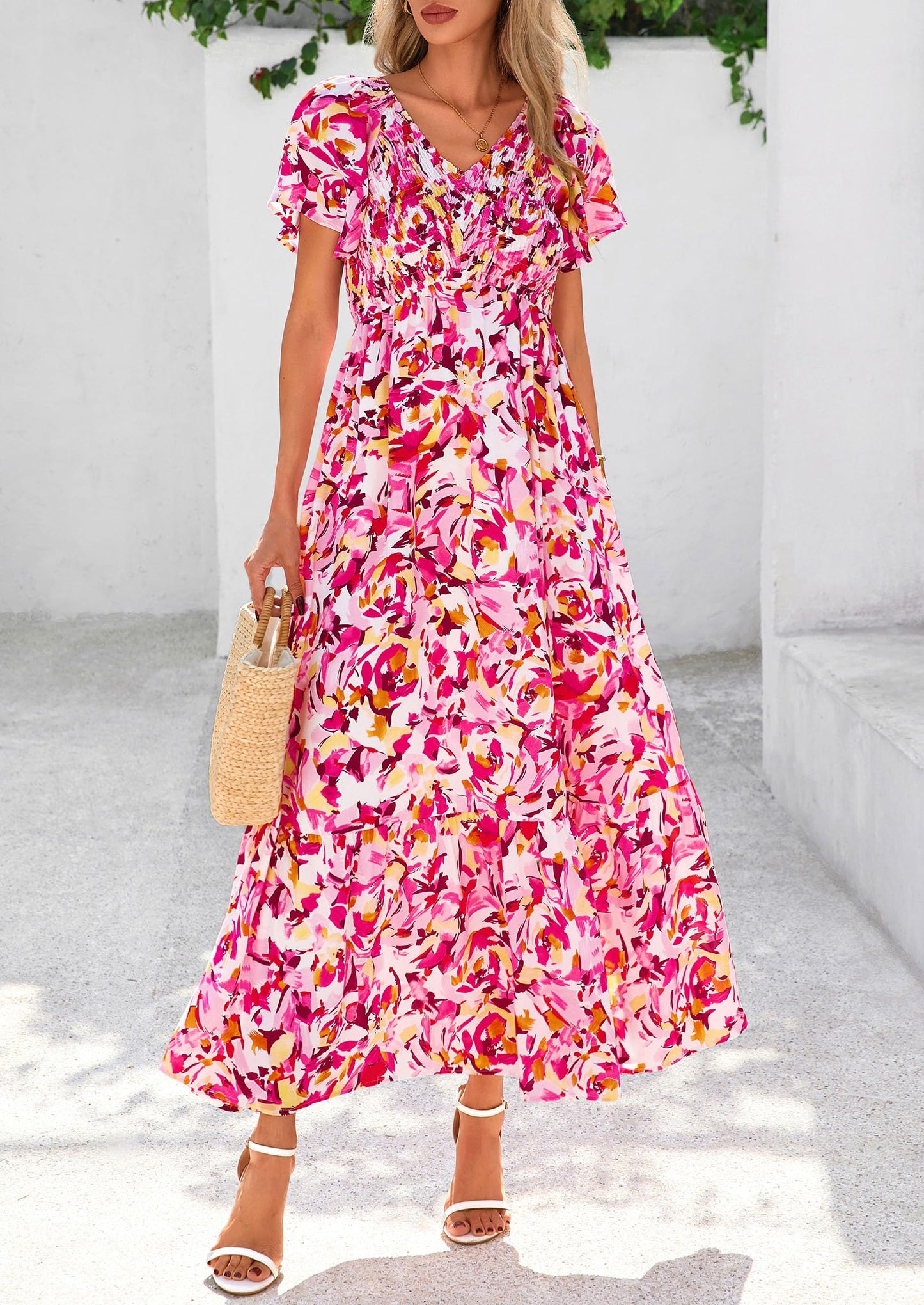 Women Floral Boho Maxi Dresses Short Sleeve V Neck Smocked A Line Long Flowy Beach Vacation Dress