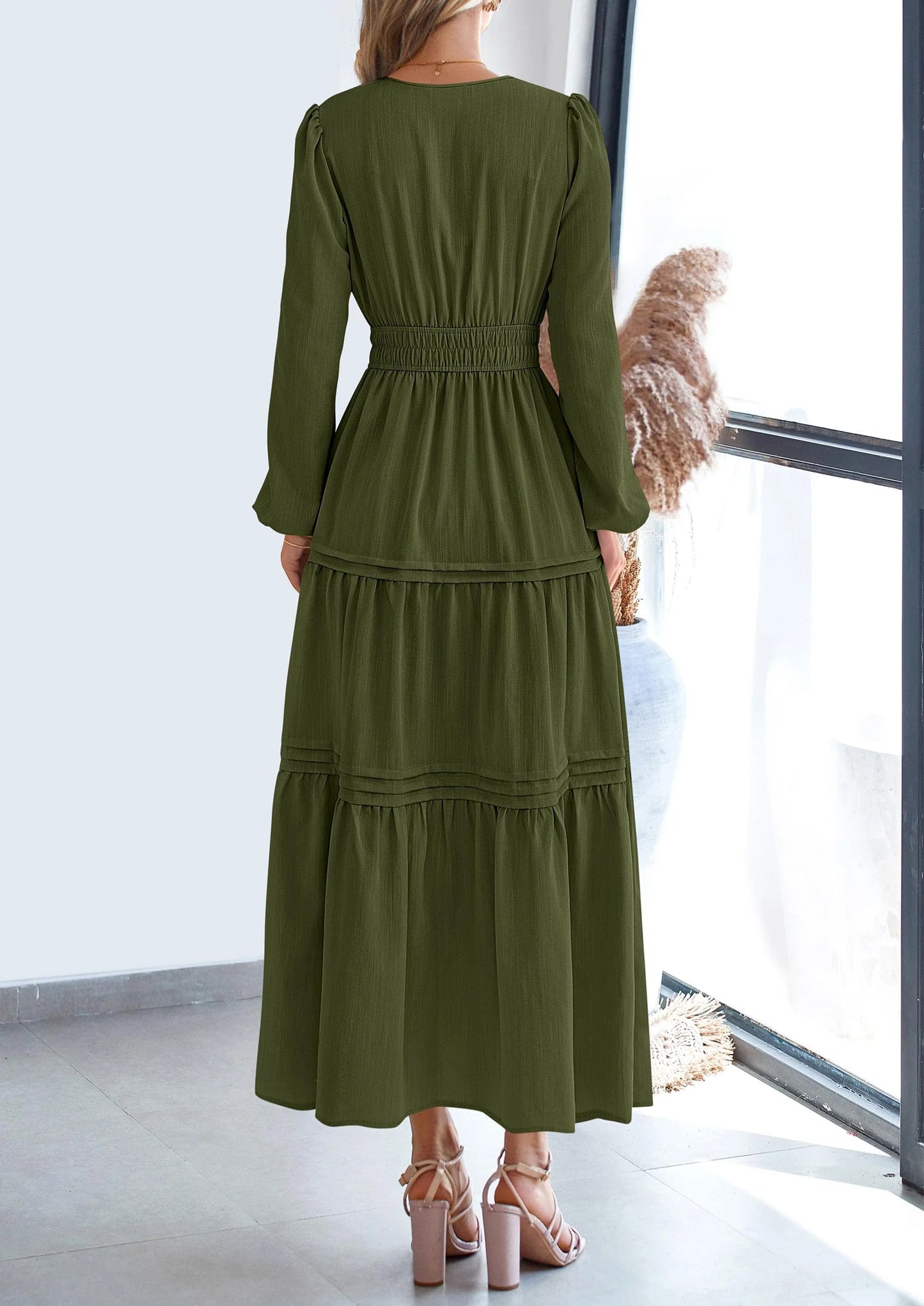 Women's Elegant Maxi Dresses Long Sleeve V Neck Flowy Pockets Casual Modest Dress Fall Fashion Clothes