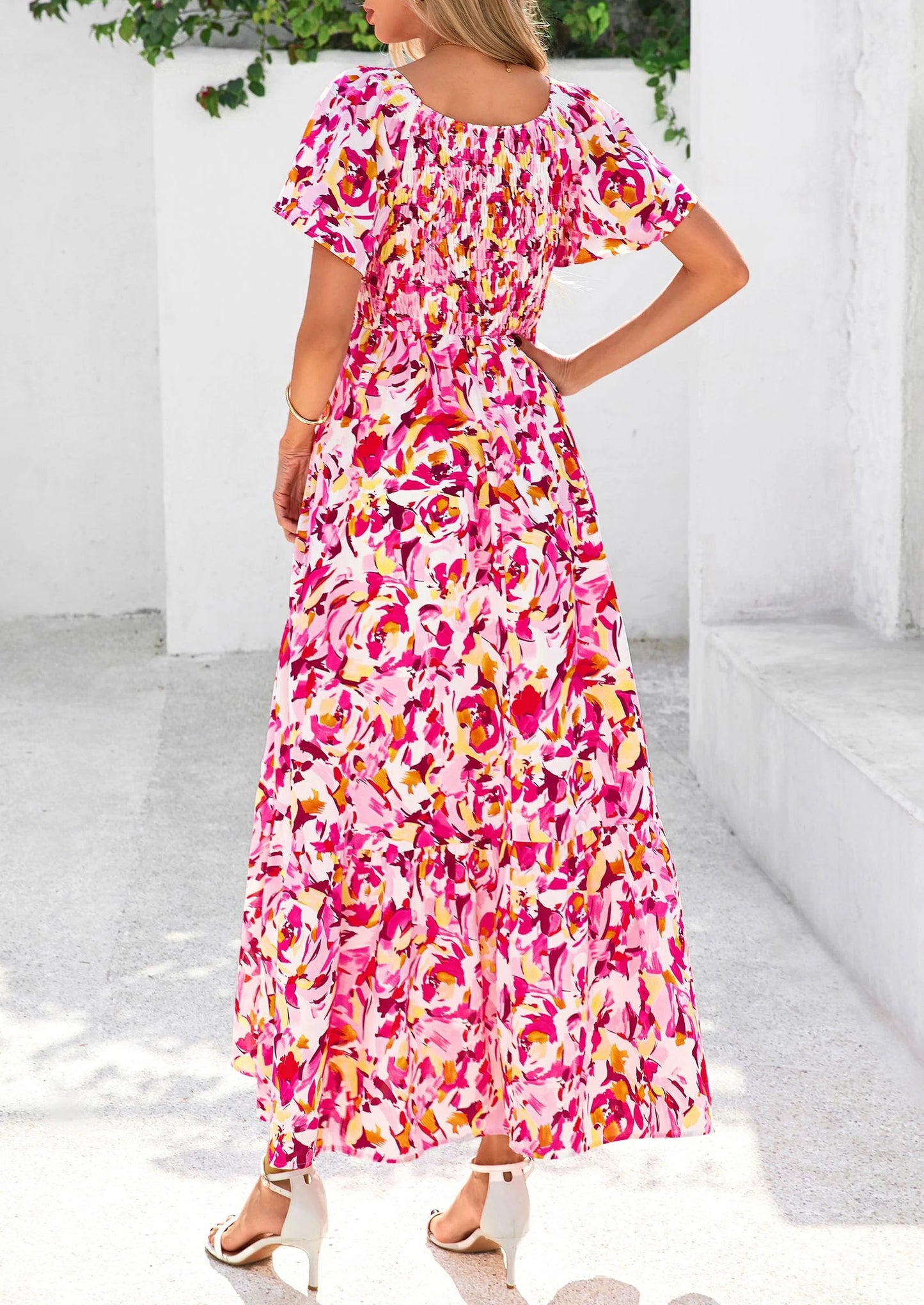 Women Floral Boho Maxi Dresses Short Sleeve V Neck Smocked A Line Long Flowy Beach Vacation Dress