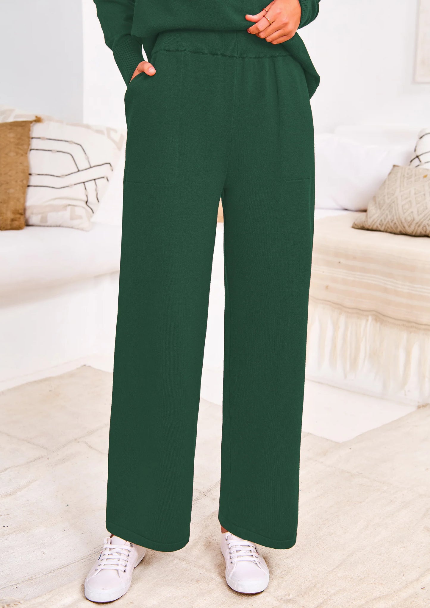 Two Piece Matching Sweater Lounge Sets Knit Long Sleeve Pullover Tops Wide Leg Pants