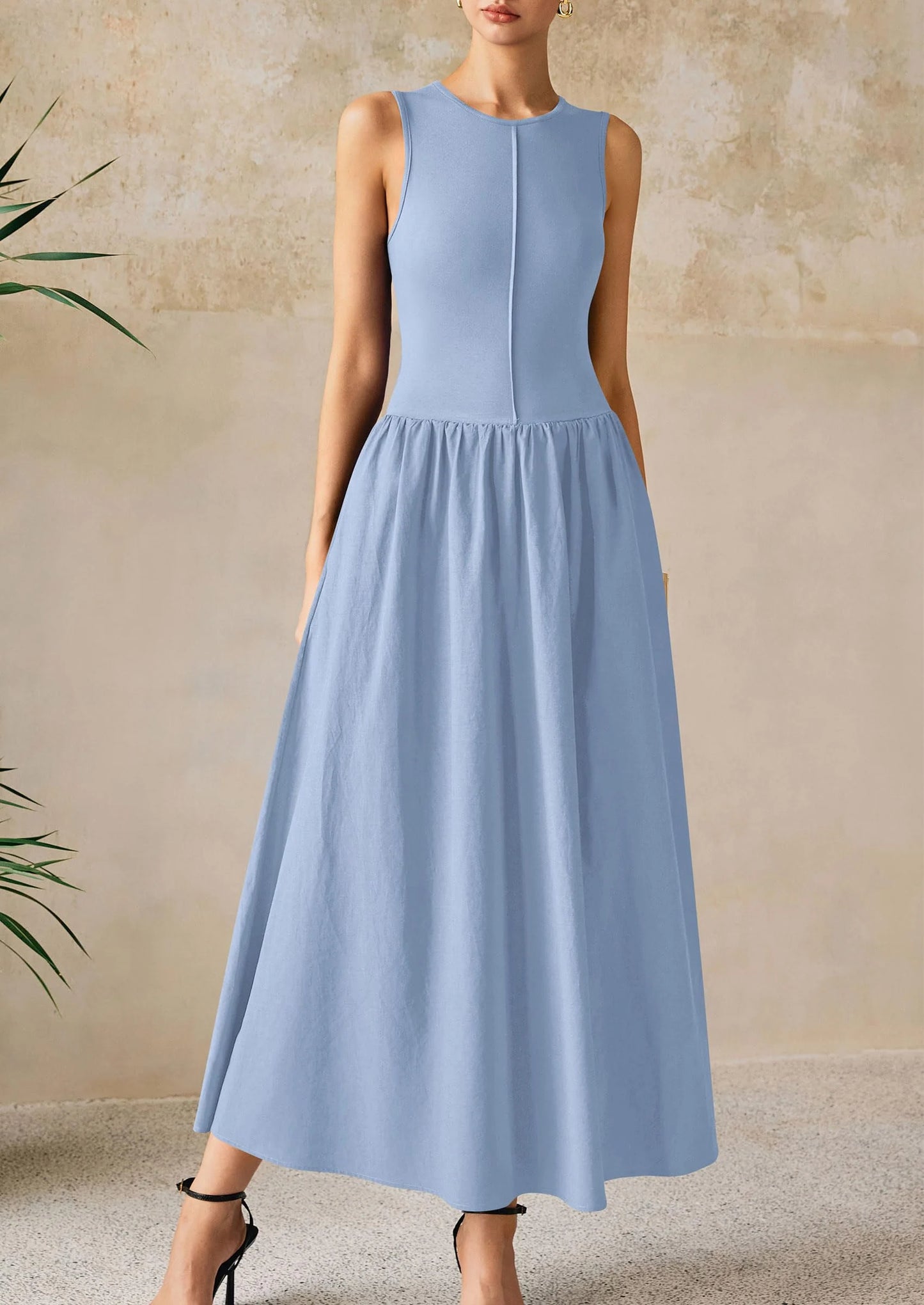 Women Maxi Dresses Casual Sleeveless Patchwork Knit Tank Dress Flowy Beach Sundress Long Dress
