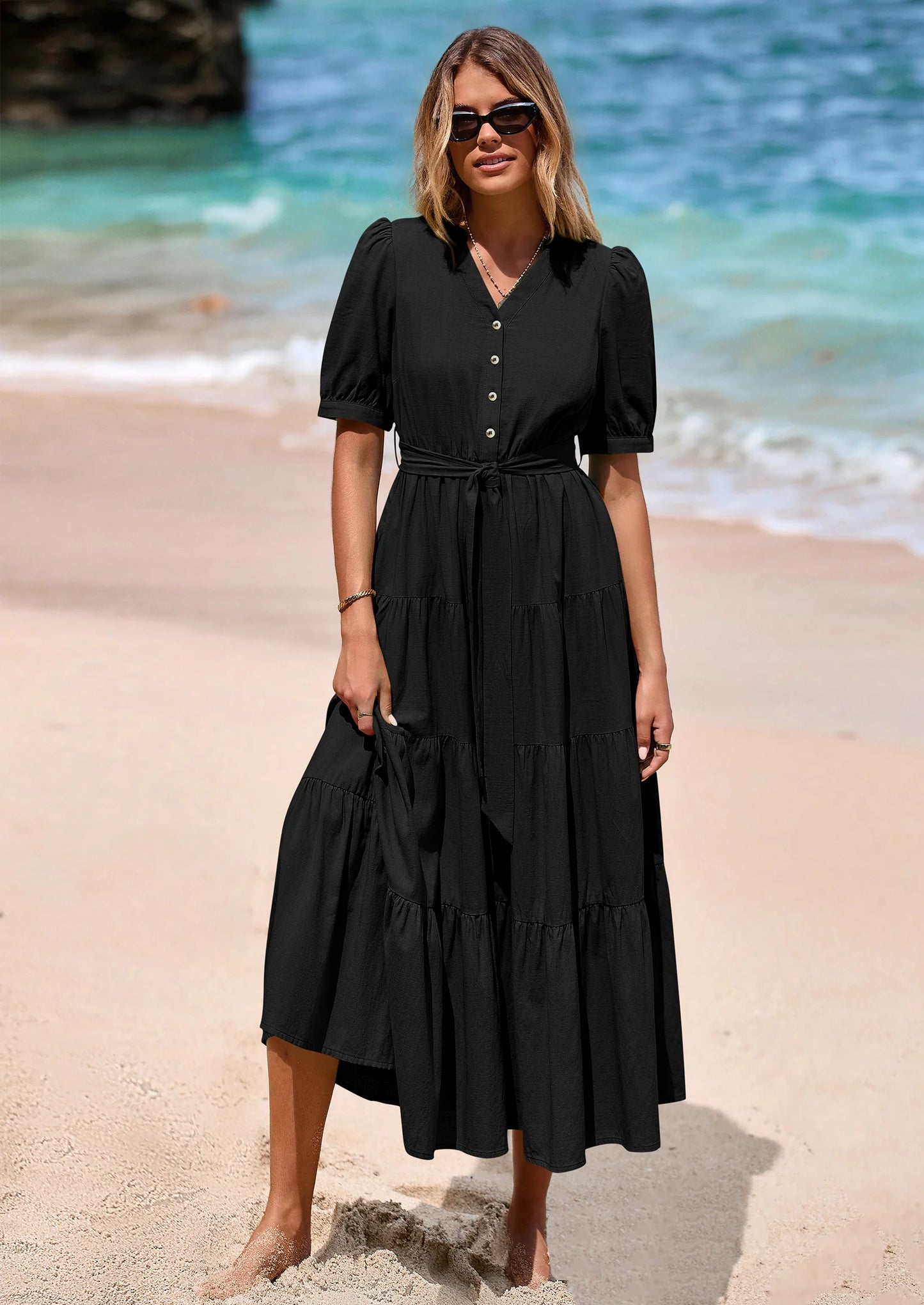 Women's Midi Dress Casual Short Sleeve V Neck Buttons Belted Ruffle A Line Flowy Dress with Pockets