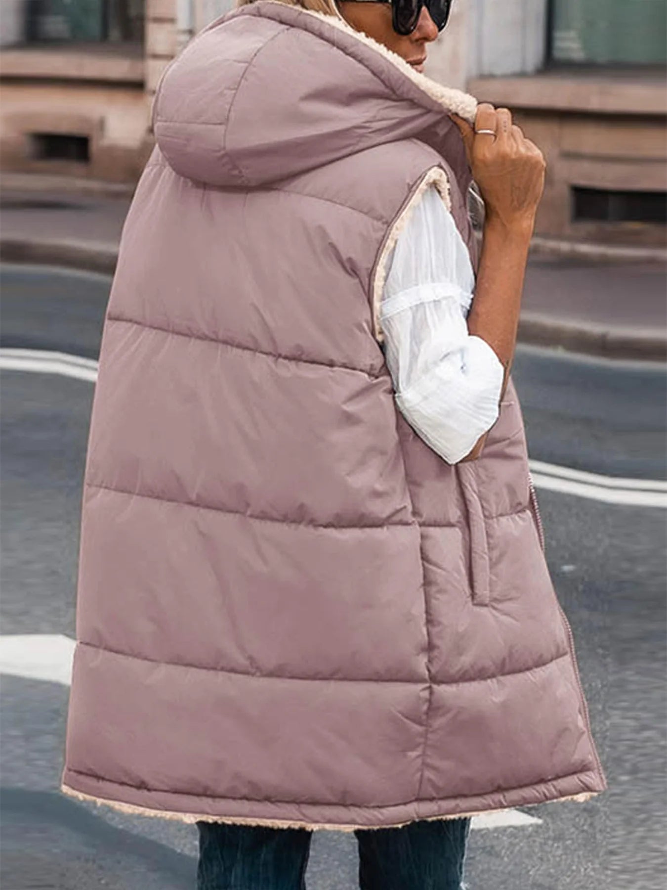 Womens Fall Reversible Vests Sleeveless Fleece Jacket Zip Up Hoodie Pockets Long Warm Winter Coat Outerwear