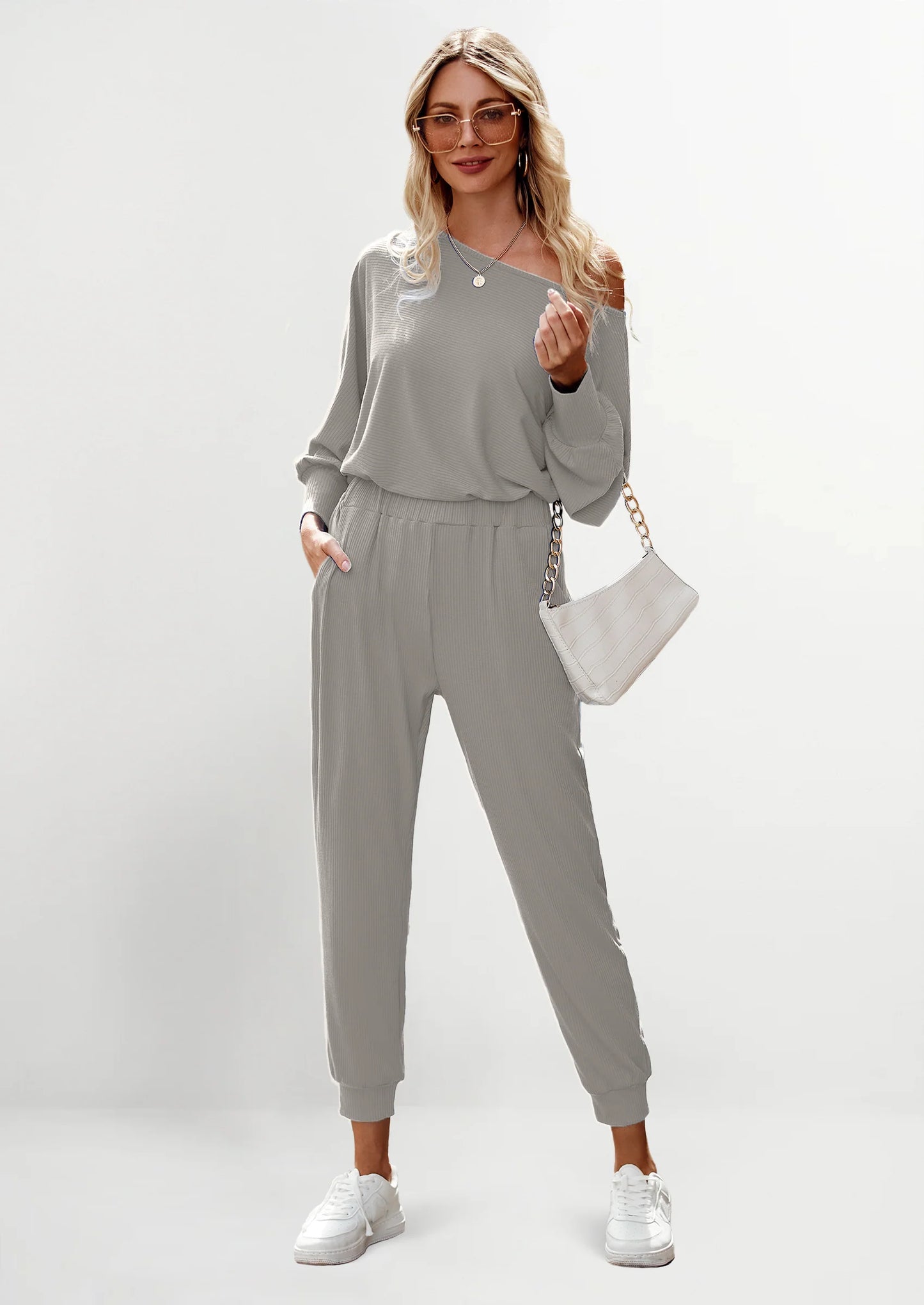 Women's 2 Piece Ribbed Tracksuit Outfits Off Shoulder Long Sleeve Pullover Lounge Pants with Pockets