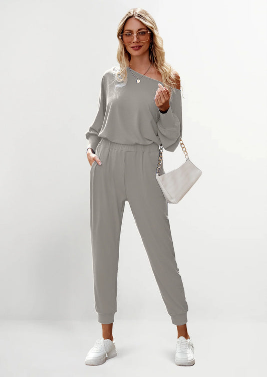 Women's 2 Piece Ribbed Tracksuit Outfits Off Shoulder Long Sleeve Pullover Lounge Pants with Pockets