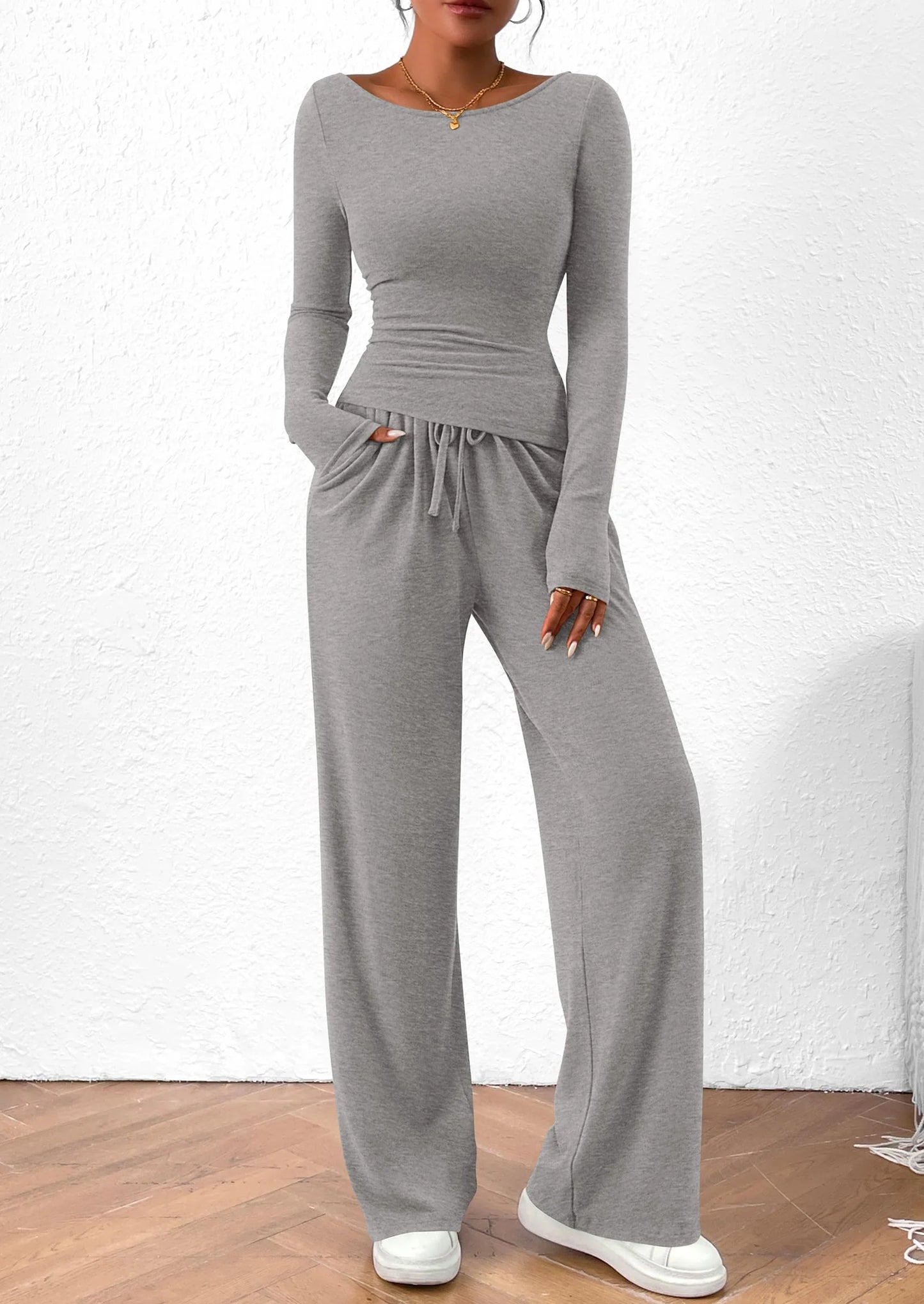Women's 2 Piece Lounge Sets Asymmetrical Long Sleeve T Shirt Wide Leg Pants Casual Outfits Tracksuit