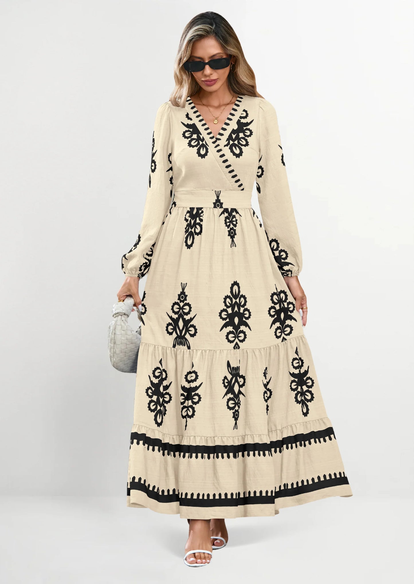 Women's Fall Wedding Guest Dresses Boho Floral Long Sleeve V Neck Flowy Elegant Maxi Dress Beach Clothes