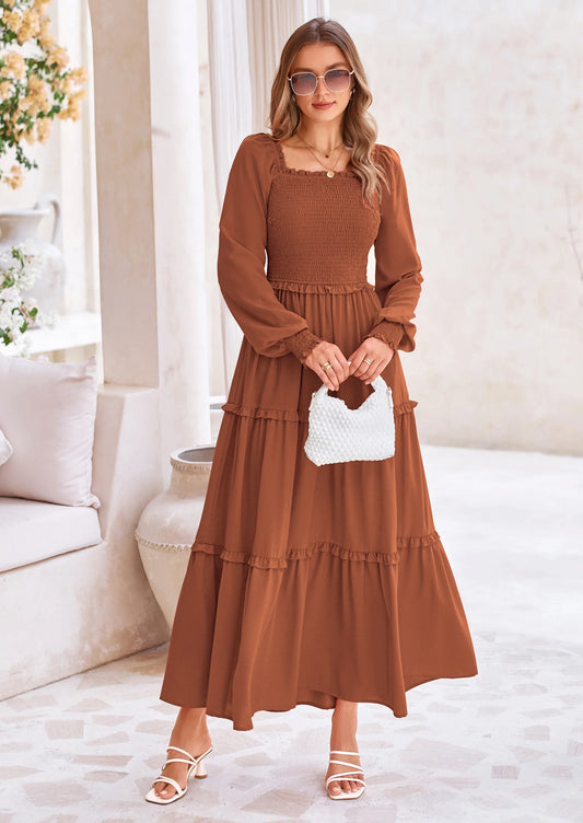 Fall Wedding Guest Dresses for Women Long Sleeve Square Neck Tiered A Line Modest Elegant Flowy Dresses