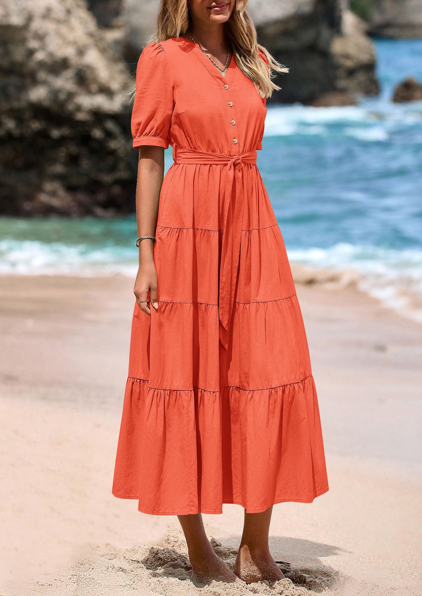 Women's Midi Dress Casual Short Sleeve V Neck Buttons Belted Ruffle A Line Flowy Dress with Pockets
