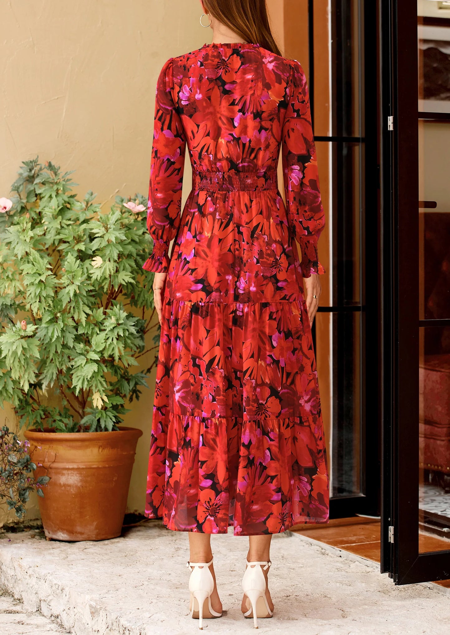 Women's Floral Maxi Dress Spring Long Sleeve V Neck Casual A Line Long Flowy Boho Party Dresses