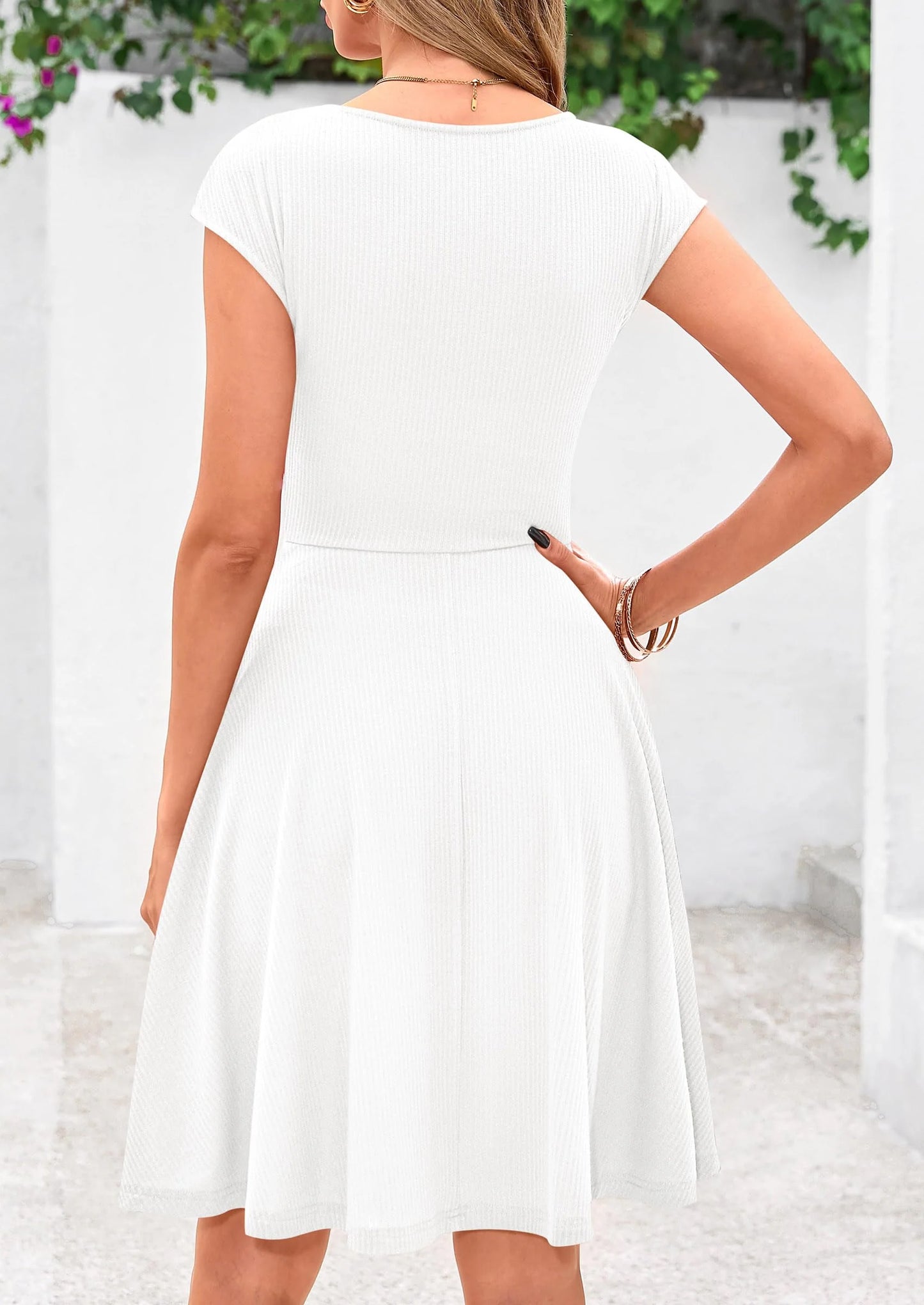 Womens Short Summer Dress Crewneck Cap Sleeve Ribbed Knit Casual Flowy A Line Mini Sundresses with Pockets