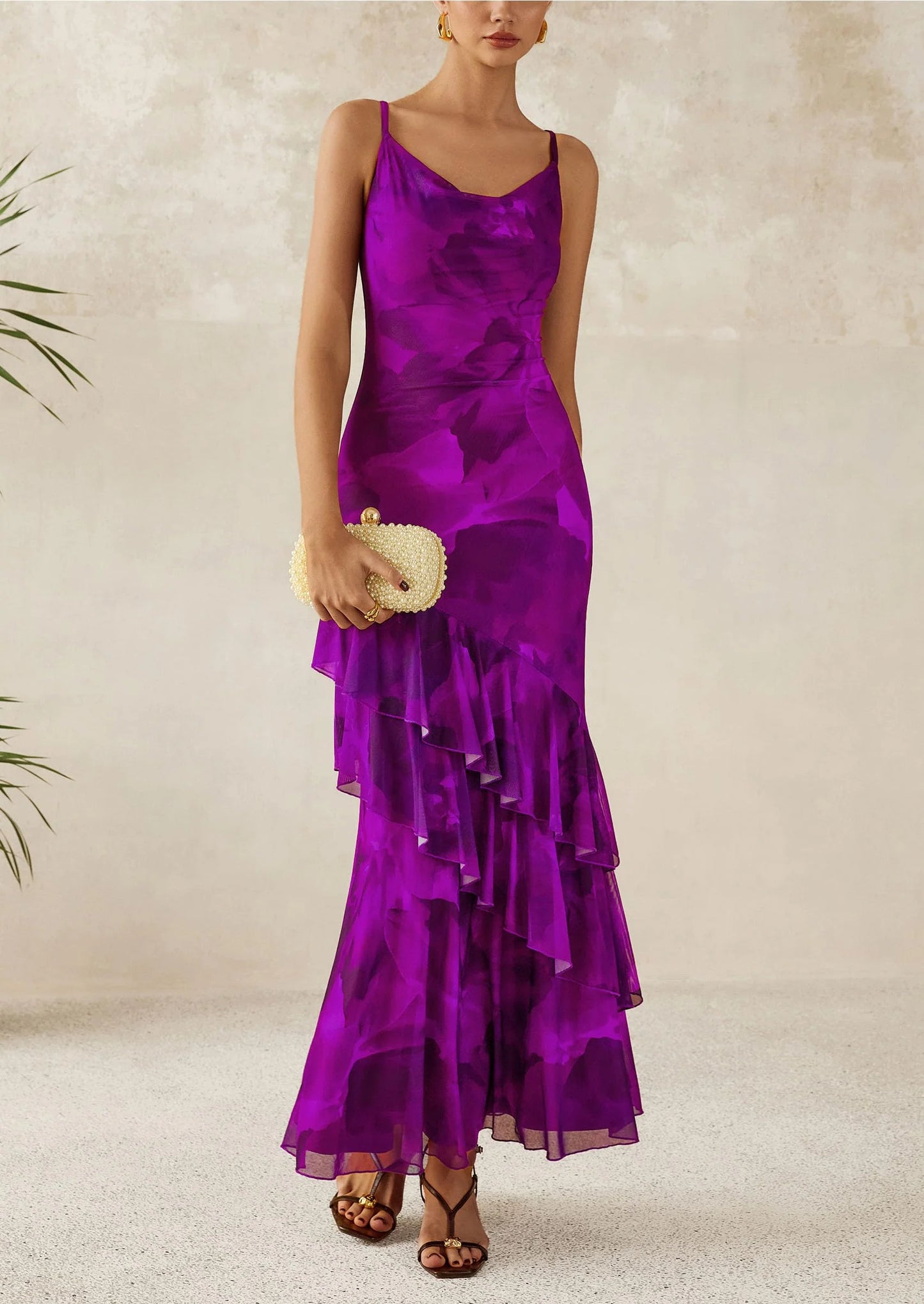Maxi Dresses for Women Floral Beach Sundress Spaghetti Strap Tiered Wedding Guest Long Dress