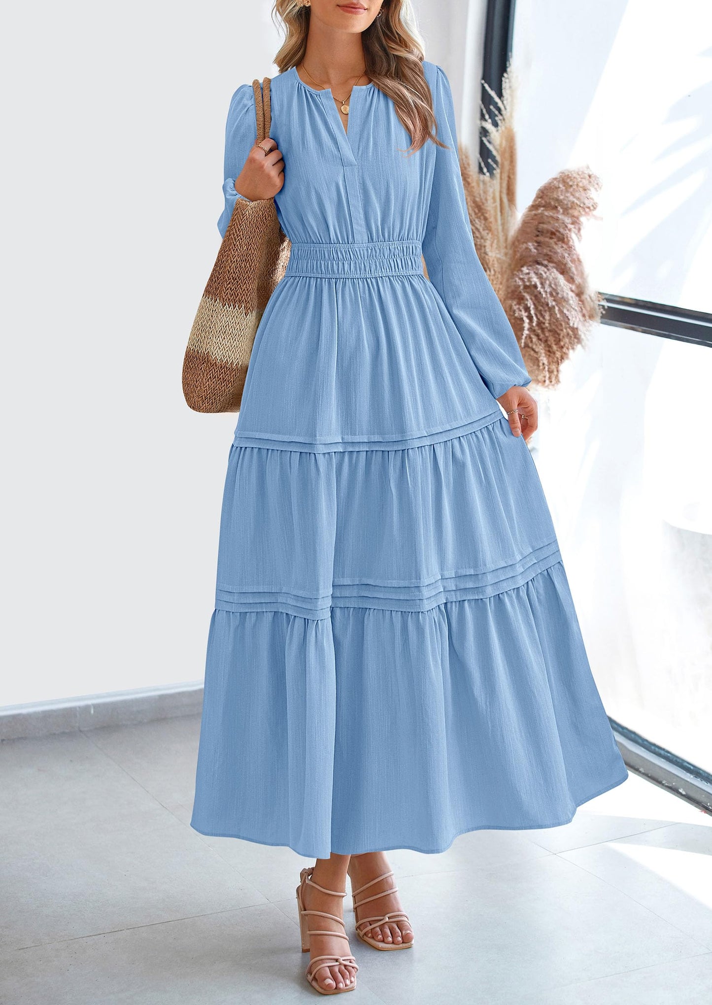 Women's Elegant Maxi Dresses Long Sleeve V Neck Flowy Pockets Casual Modest Dress Fall Fashion Clothes