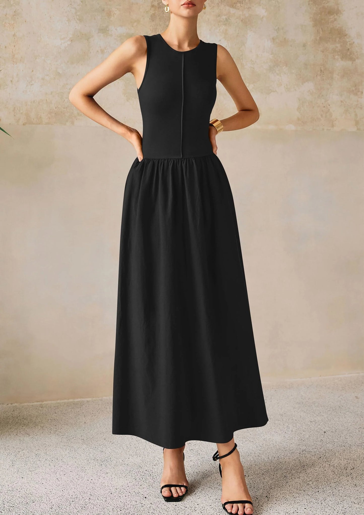 Women Maxi Dresses Casual Sleeveless Patchwork Knit Tank Dress Flowy Beach Sundress Long Dress