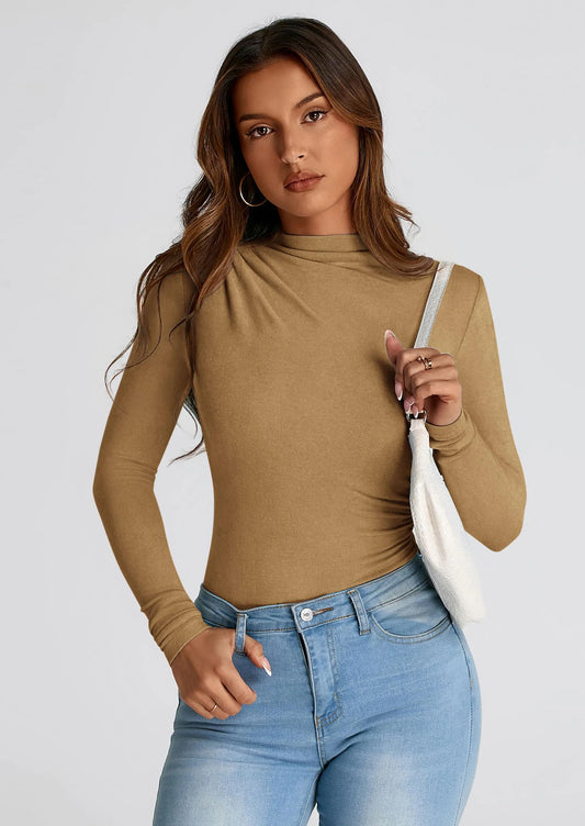 Womens Fall Y2K Going Out Crop Tops Long Sleeve Mock Neck Ruched Slim Fitted Basic Trendy Casual T Shirts Blouse