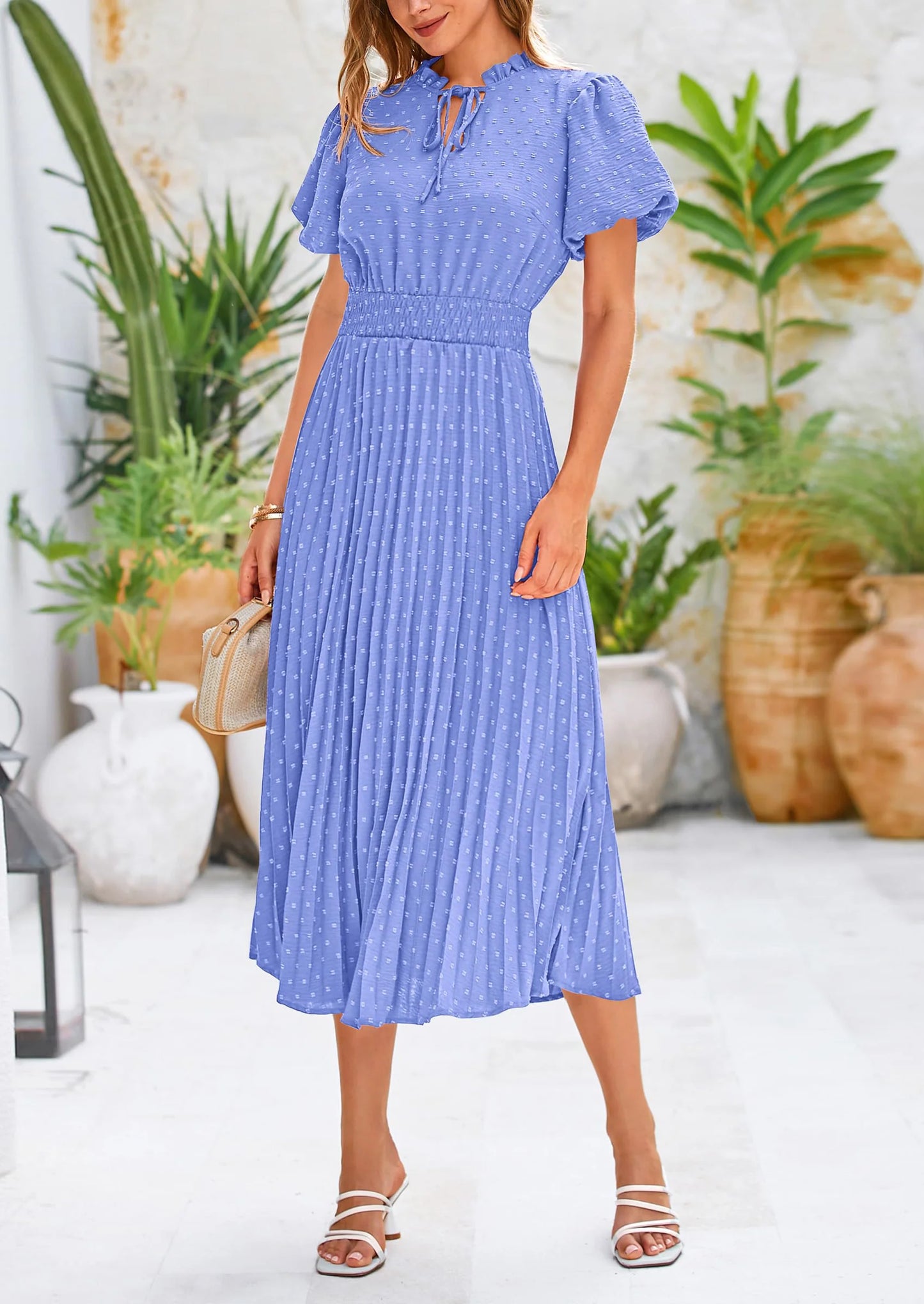 Womens Midi Dresses Puff Short Sleeve V Neck Swiss Dot Pleated A Line Flowy Long Wedding Guest Dress