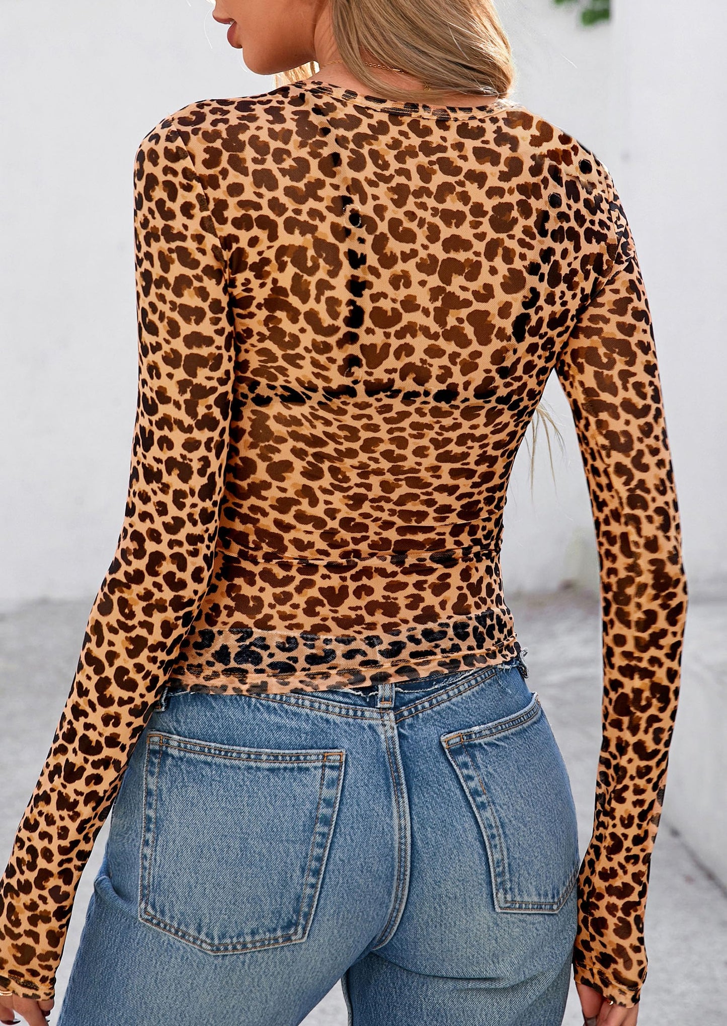 Women's Mesh Long Sleeve Top Trendy Fall See Through Sheer Blouse Leopard Fitted Going Out Layering Shirts