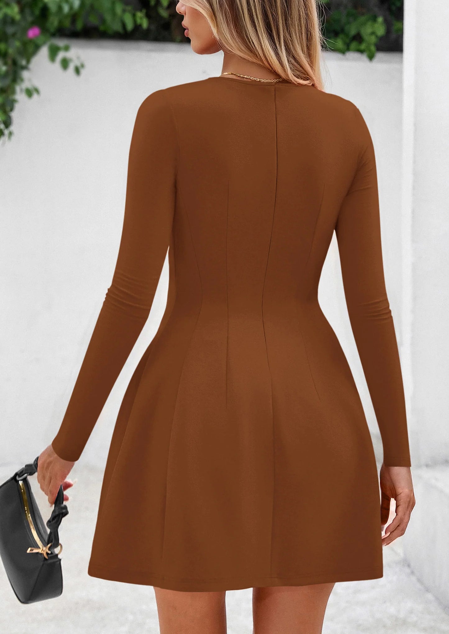 Long Sleeve Mini Dress for Women Fall Crewneck Knit Pleated Babydoll A Line Soft Casual Short Party Dresses