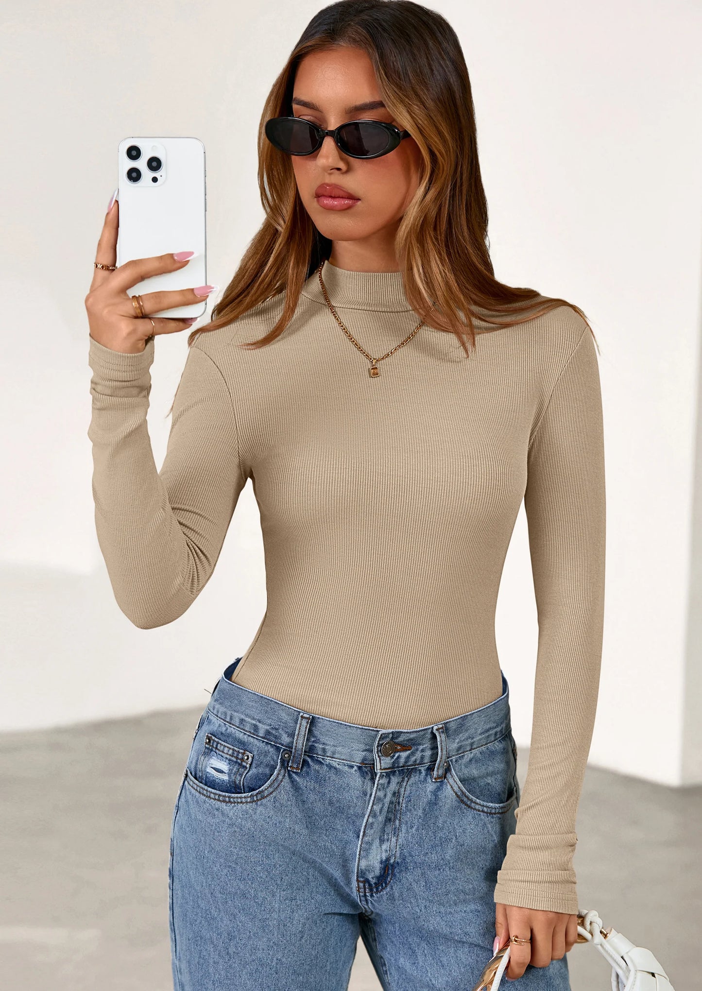 Women's Turtleneck Long Sleeve Shirts Fall Basic Tees Ribbed Fitted Tops Thermal Layering Knit Top Clothes
