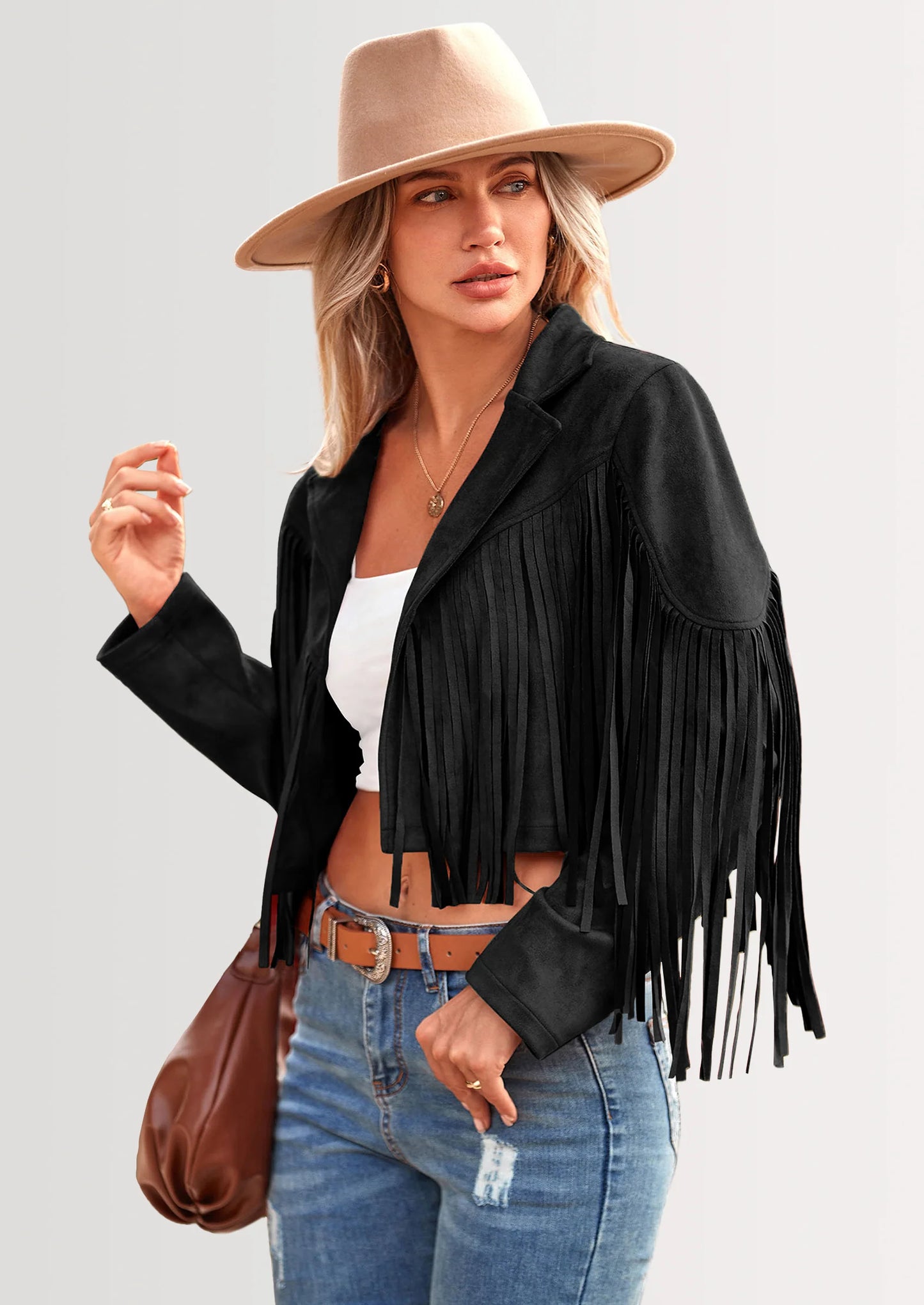 Women's Fringe Faux Suede Leather Jackets Fashion Tassel Motorcycle Cropped Coats