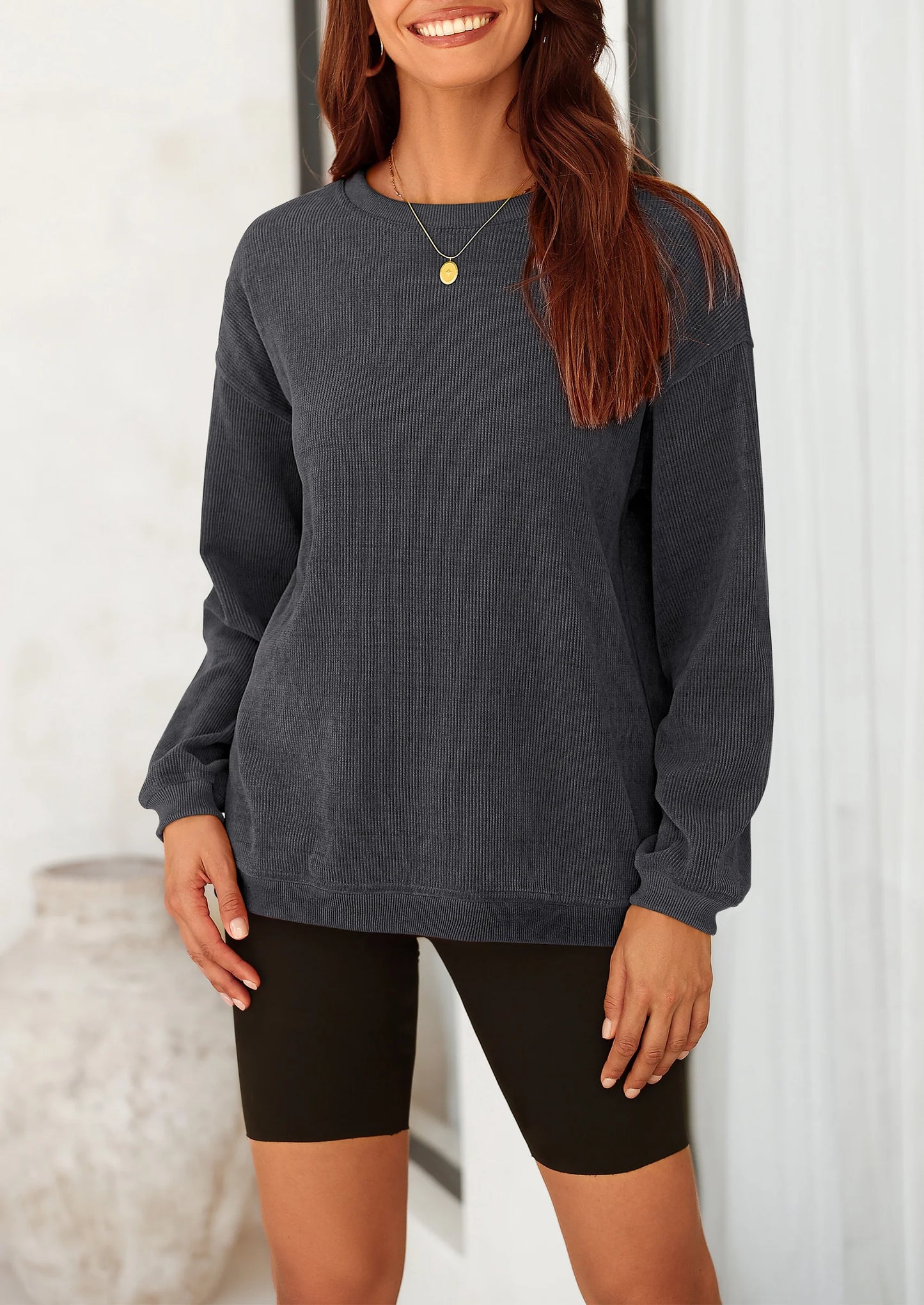 Women's Oversized Sweatshirt 2025 Fall Fashion Clothes Ribbed Corduroy Long Sleeve Going Out Pullover Tops